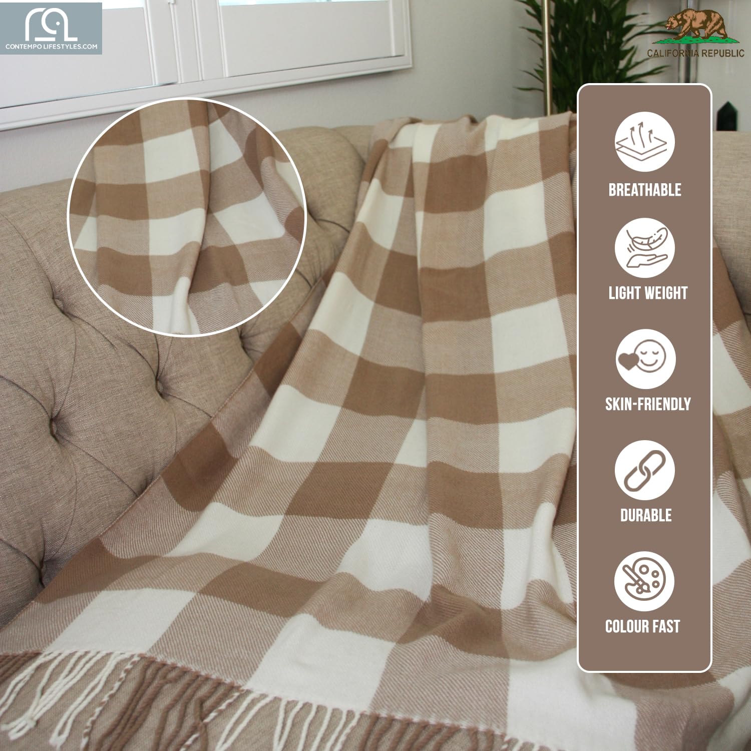 Contempo Lifestyles - Manta de cuadros de búfalo, 127 x 152 cm, manta clásica decorativa, cómoda y ultrasuave, ideal para la sala de estar, el sofá, viajes