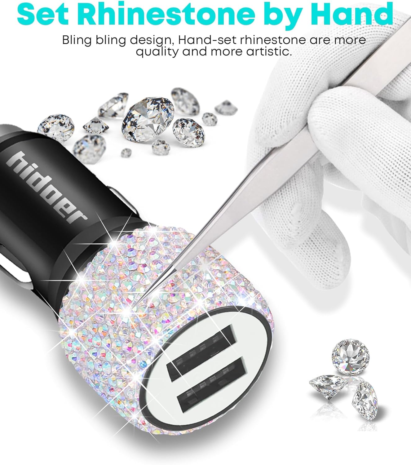 Bling USB Car Charger 5V 2.4A Multicolor Crystal Decor Dual Port Fast Adapter with 4ft Nylon Type C Micro USB 3 in 1 Multi Charging Cable for iPhone iPad Android, Auto Interior Accessories for Women - Image 6