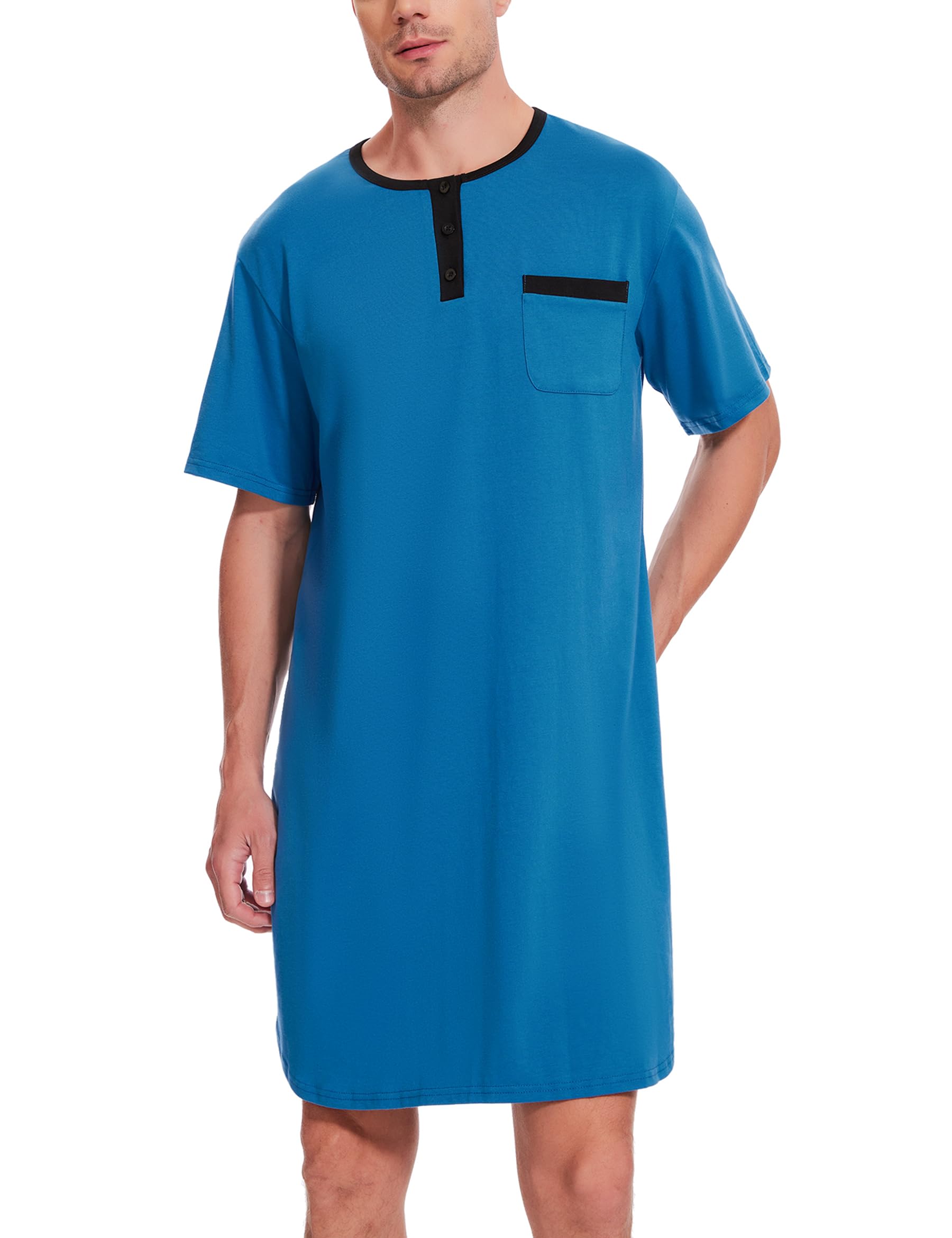 Uniexcosm Nachthemd Herren Kurzarm Schlafshirt Rundhals Einteiliger Schlafanzugoberteile Pyjama Tops Bequem Nachtwäsche Sleepshirt mit Knopfleiste und Brusttasche