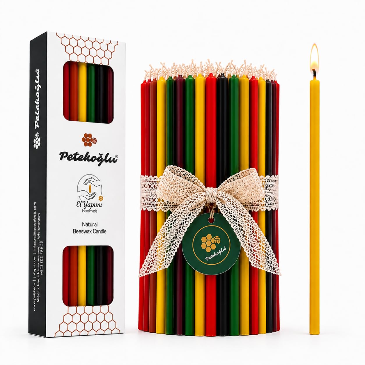 Petekoğlu 5 Renk Balmumu Mum (Beeswax Candle) 40 Adet 20 cm İnce Uzun Dilek ve Doğum Günü Mumu Doğal El Yapımı Parti Ritüel