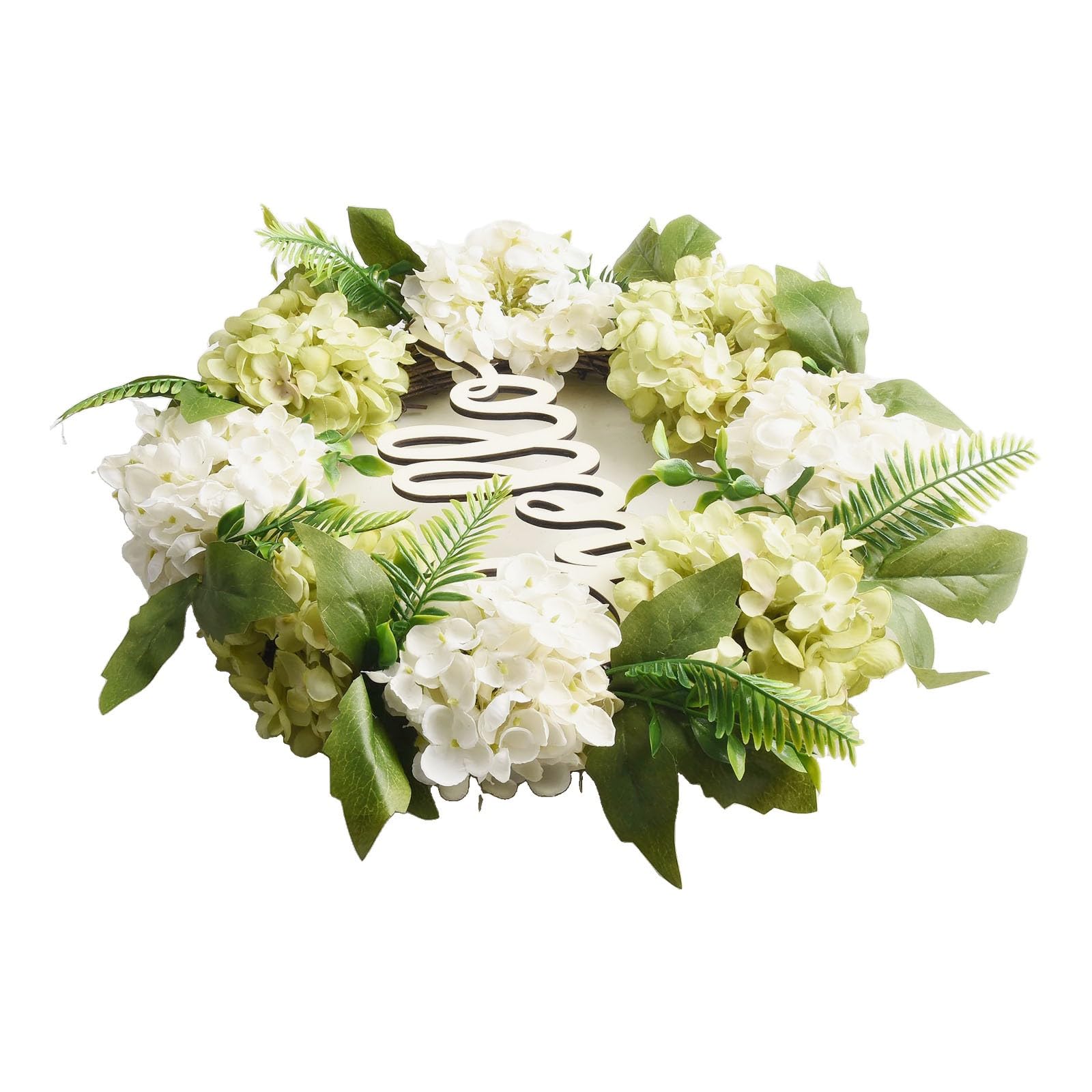 Corona de hortensias artificiales de 40 cm con letrero de saludo, guirnalda de flores de seda para puerta delantera, fondo de pared, interior y exterior, hogar, boda, fiesta, decoración