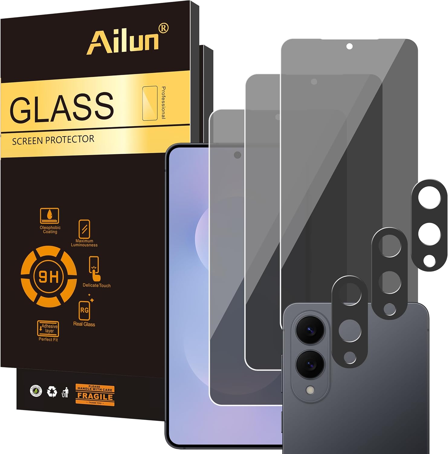 Ailun 3 Pack Privacy Screen Protector for Galaxy S25 Edge [6.7 inch] + 3 Pack Camera Lens Protector, Anti Spy Private Tempered Glass Film, Case Friendly, [9H Hardness] - HD [6 Pack] - $8.99