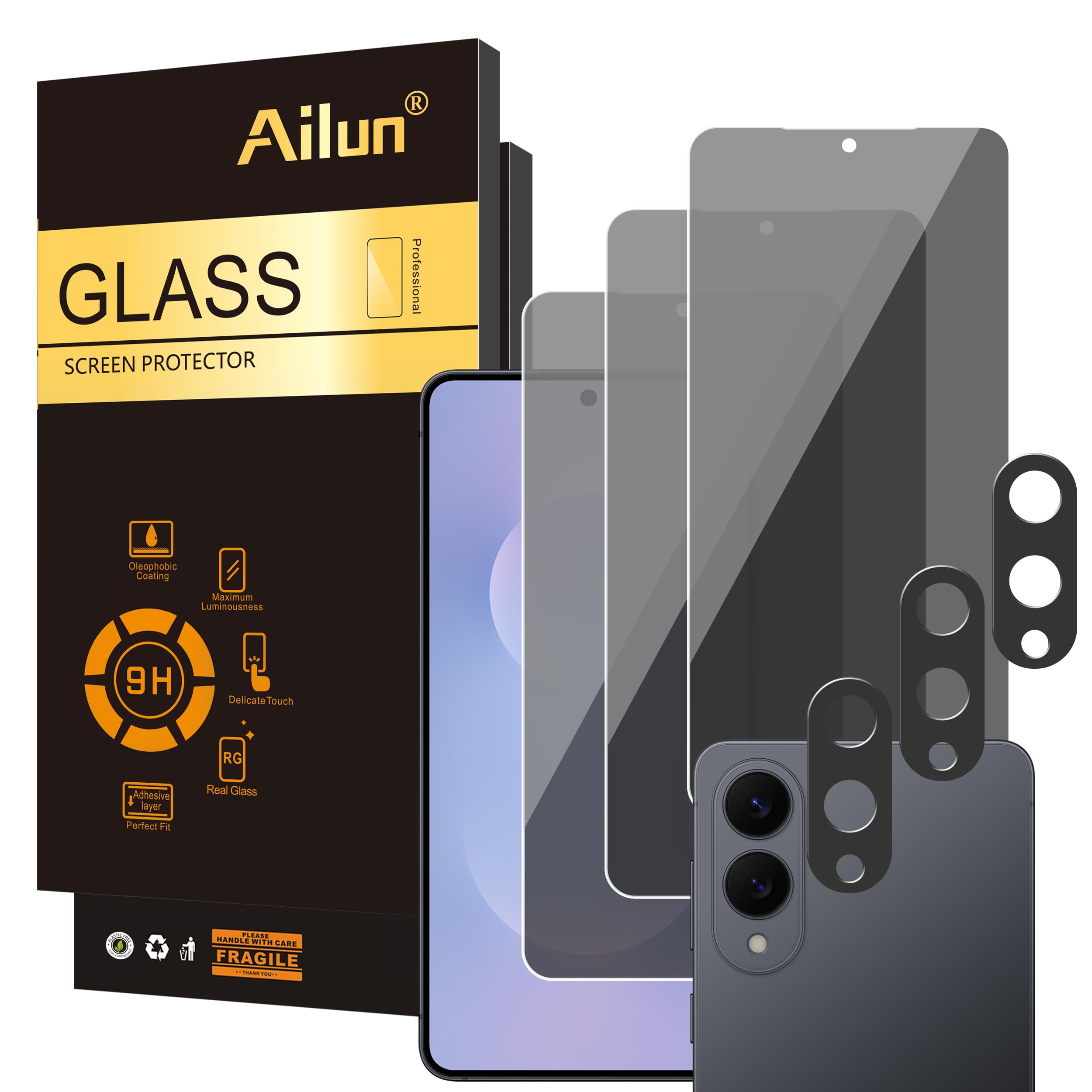 Ailun 3 Pack Privacy Screen Protector for Galaxy S25 Edge [6.7 inch] + 3 Pack Camera Lens Protector
