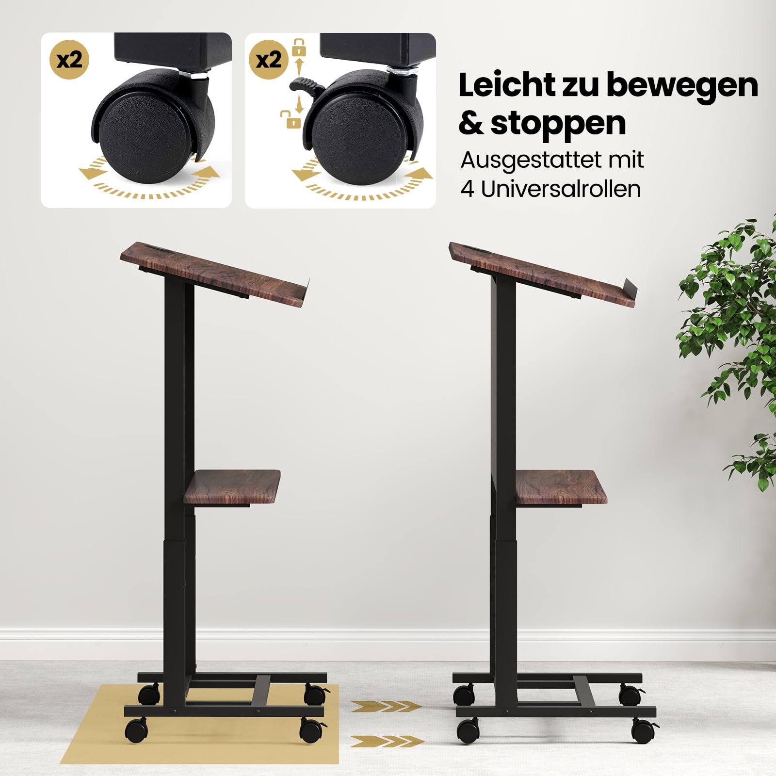 COSTWAY Sta-bureau, in hoogte verstelbaar, staand zit-bureau met wieltjes, mobiel sta-bureau met schuin tafelblad en legplank, laptoptafel voor thuis en kantoor, zwart