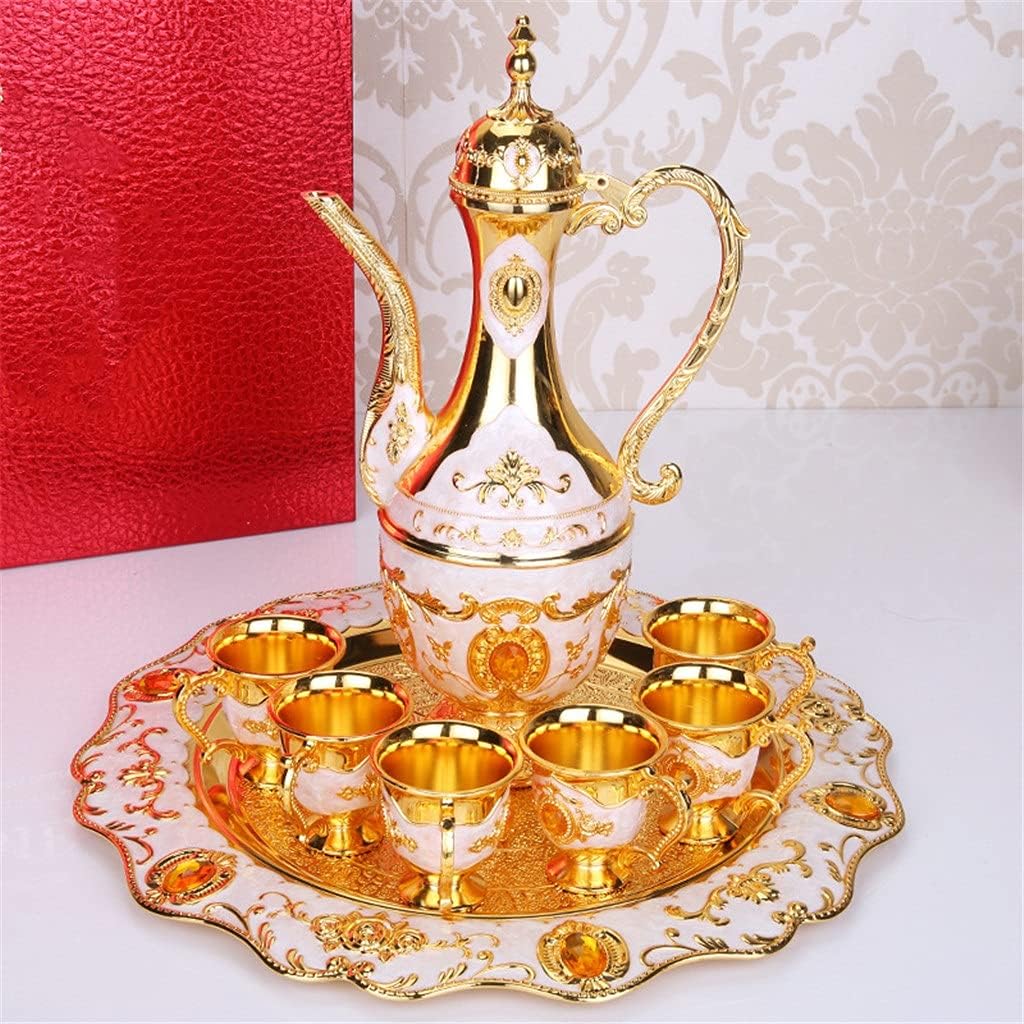 European Retro Wine Pot Russian Colored Tin Wine with Wine Glass Alloy Six Cup Set Home Hotel Bar Decoration (Color : A) (C)