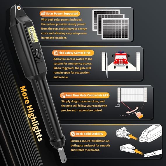 TOPENS XD851S Smart Gate Opener for Heavy Duty Solar Single Swing Gates Up to 18ft, Automatic Gate Opener with App Control AC Powered with Remote Control Kit Solar Panel Included