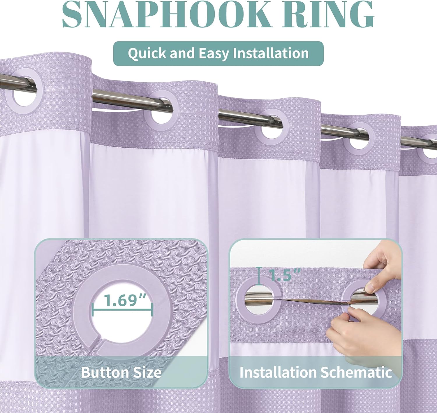 Lavender Extra Long No Hook Waffle Weave Shower Curtain with snap-in Liner Replacement, 230GSM Waterproof Fabric Hotel Shower Curtain Set for Bathroom, Through Mesh Top Window,71Wx86H