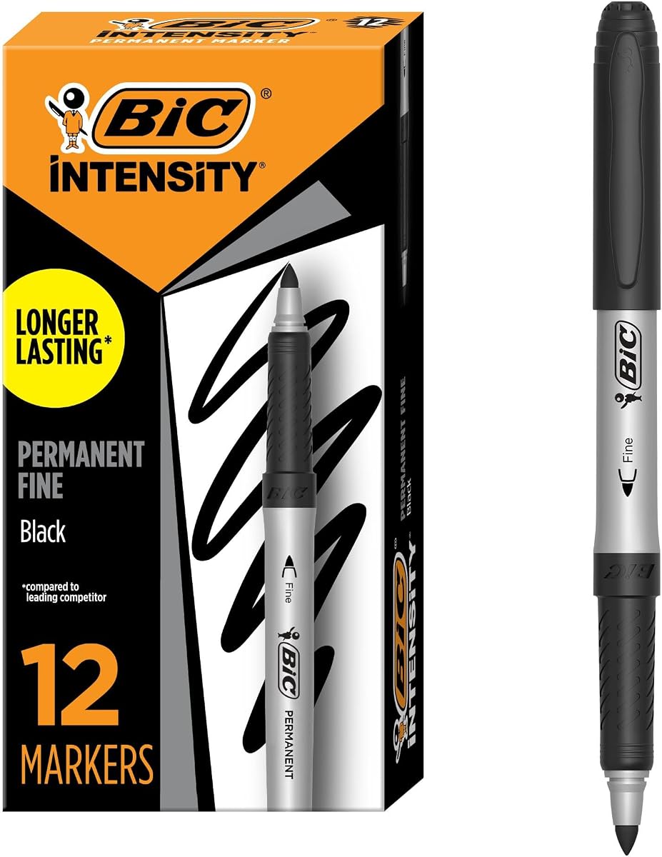 BIC Intensity Black Permanent Markers, Fine Point, 12-Count Pack of Markers | Long Lasting Ink, Non-Slip Grip for Comfort and Control, Marks on Most Surfaces, Ideal for Art Projects and Writing