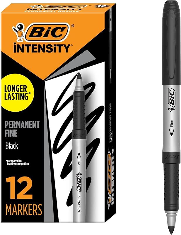 BIC Intensity Black Permanent Markers, Fine Point, 12-Count Pack of Markers | Long Lasting Ink, Non-Slip Grip for Comfort and Control, Marks on Most Surfaces, Ideal for Art Projects and Writing