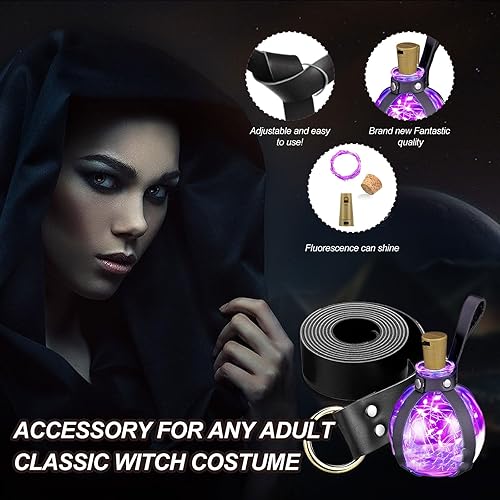 Miniatura 4 de Botellas de poción de corcho mágico oscuro, botella redonda de vidrio de corcho esférico con cinturón, luz LED, soporte de vidrio, cinturón de cuero