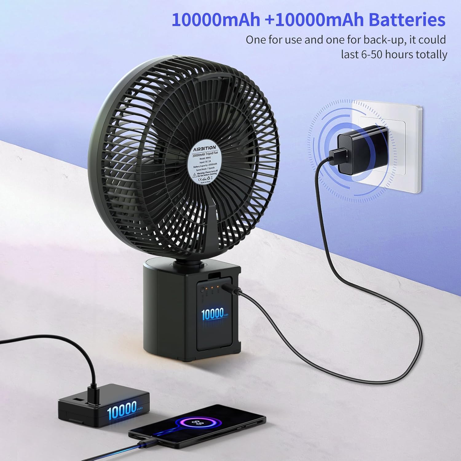 20000mAh Oscillating Rechargeable Fan w/Remote, Lasts 50 Hrs,10" Portable Battery Operated Timer, 7 Speeds, Outdoor Pedestal Fan for Camping Home Hurricane, Black (WH91)
