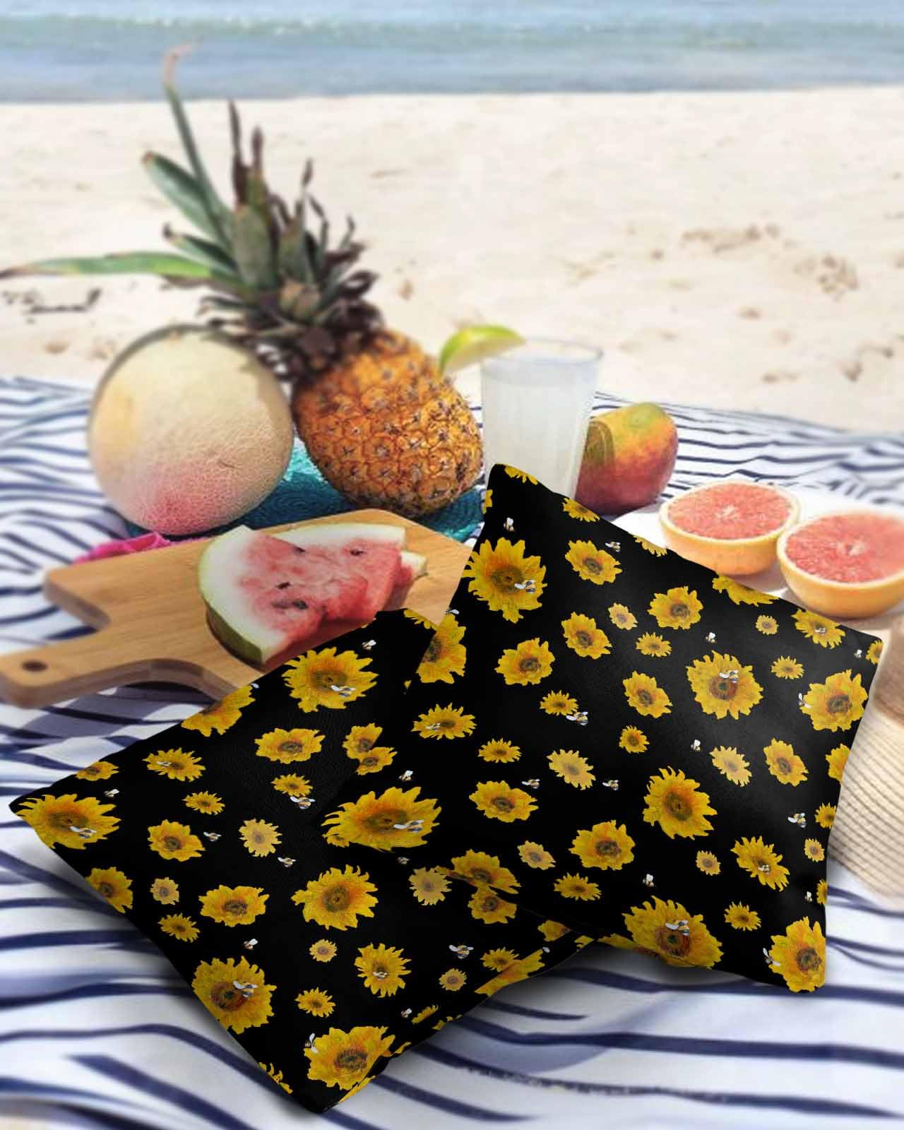 Sunflower Black Outdoor Pillow Cover 20x20 Inch Cushion Sham Case,Waterproof Decorative Square Throw Pillowcase for Outside Garden Patio Porch Couch Chair Tent Abstract Painting Bee Summer Spring