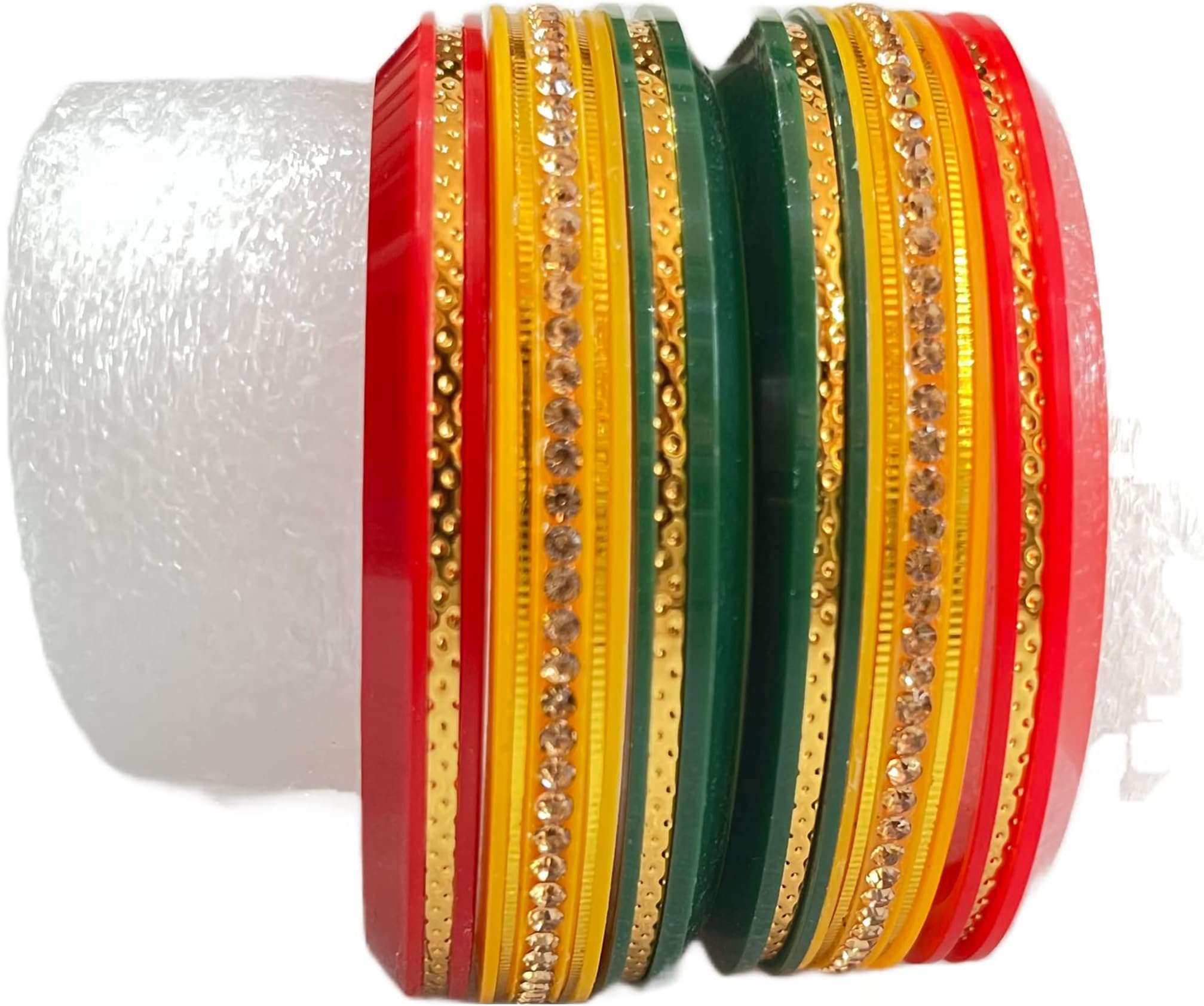 Pari Bangles Punjabi/Rajasthani Style Seep Plastic Bangles Set Crystal Stone Chuda Set for Women & Girls | set of 6 pieces | perfect for Gifting | R|G|Y