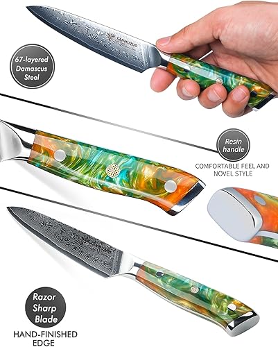 Miniatura 2 de SANMUZUO Cuchillo de cocina de 5 pulgadas cuchillos de cocina de la serie Xuan acero de Damasco VG10 con mango de resina naranja fantasía