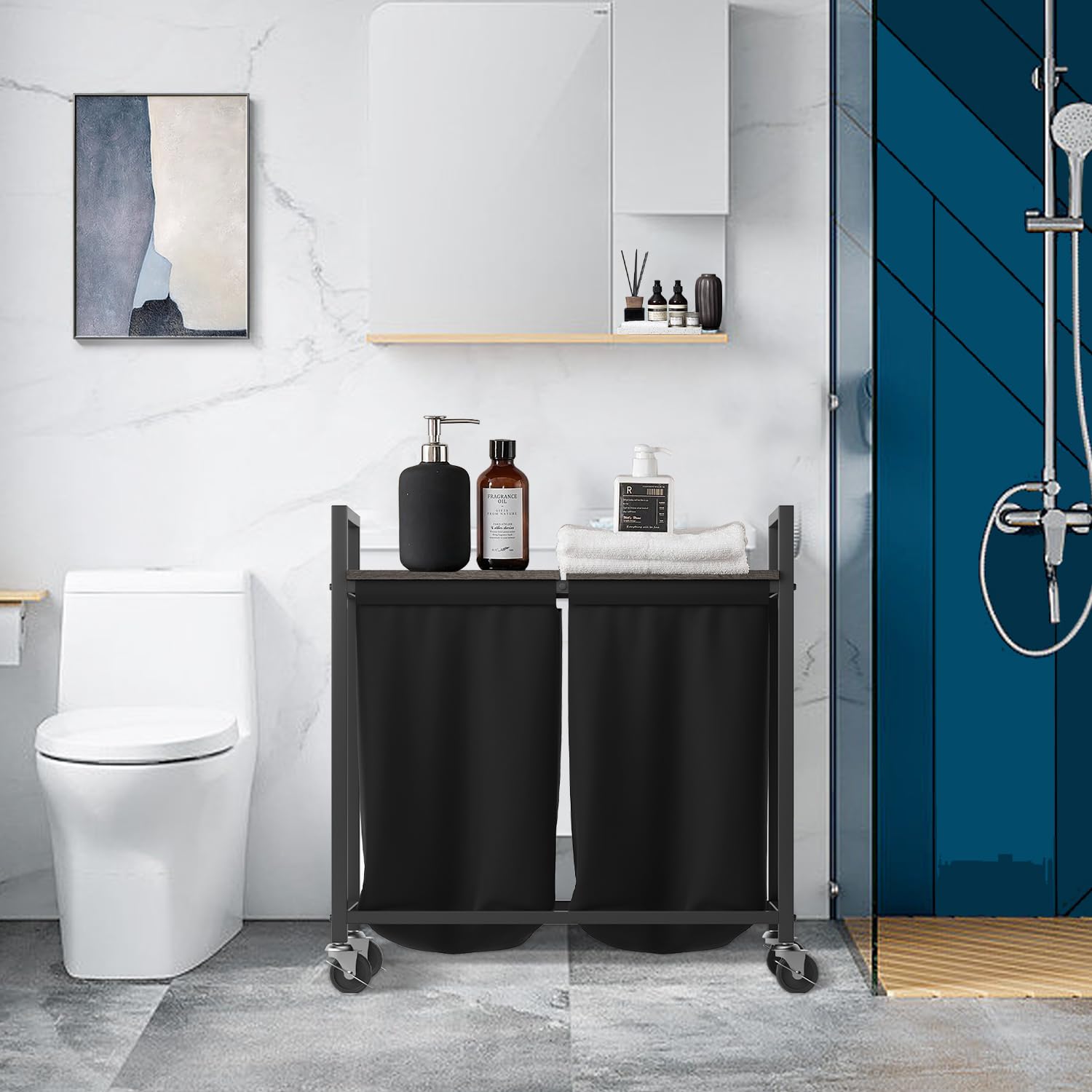 PAKROMAN Large Laundry Basket with Wheels,Lid Laundry Hamper Sorter 2 x 14 Gal (112L), Top Shelf,600D Waterproof Oxford Cloth Sorter Bag Metal Frame Industrial Style (Black Oak)