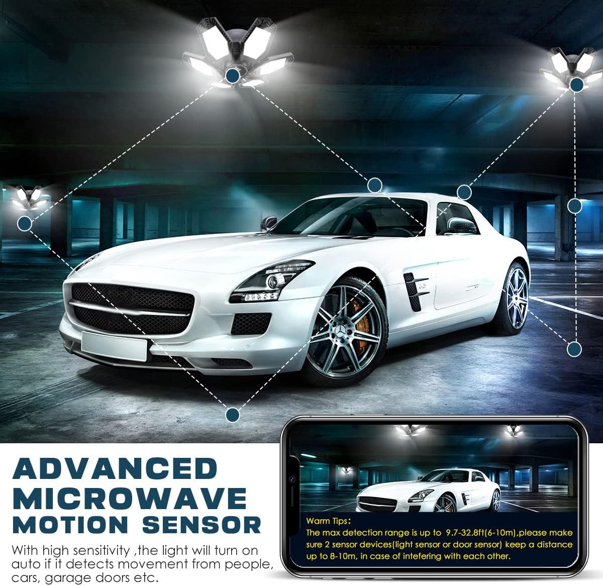 Motion Sensor Garage Light 150W 2 Pack Deformable LED Garage Light Motion Activated 15000 Lumen Ultra Bright Screw in Garage Sensor Light Ceiling for Garage, Warehouse, Workshop, Basement