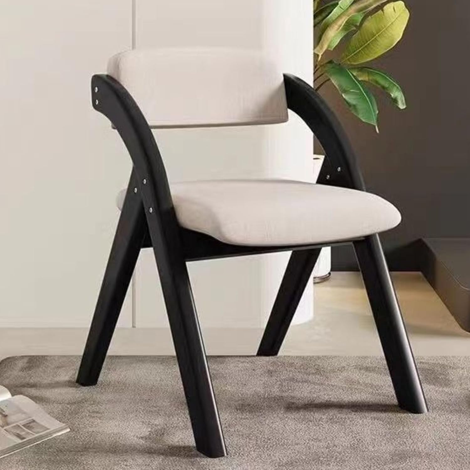 Wooden Stackable Folding Chairs with Padded Seats Teak Beige Dining for Conference Office and Bedroom(Black Beige)