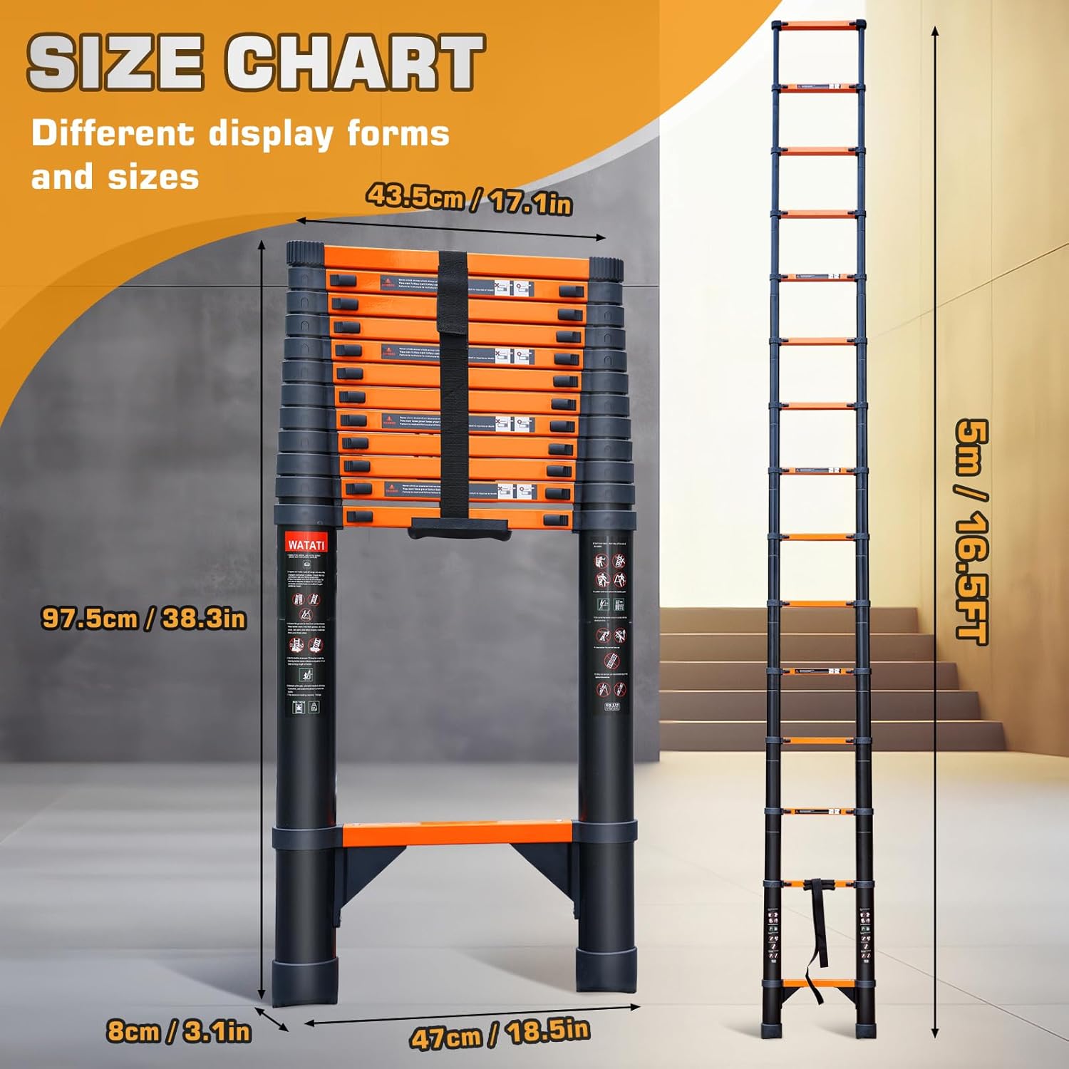 Telescoping Ladder, 16.5FT Aluminum Collapsible Extension Ladder with 2 Triangle Stabilizers & Non-Slip Feet, Portable Ladder Max Capacity 330 LBS for Home, RV, Outdoor(Orange)