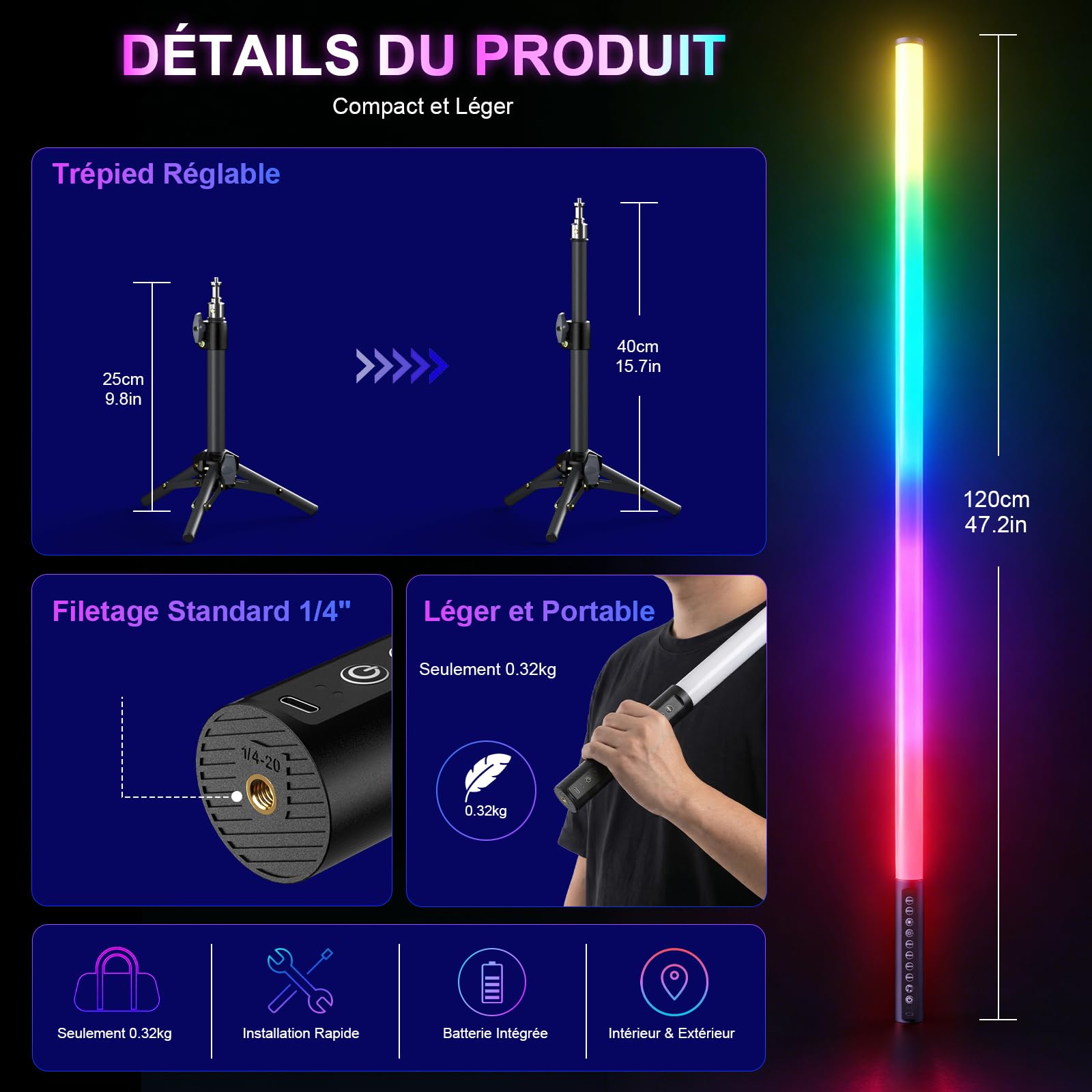 Lot de 4 Tubes LED RGB 120 cm avec Trépied, Lumière Vidéo RGB Dimmable, Synchronisation Musicale, Batterie 5200 mAh, Contrôle App et Télécommande, pour Streaming, DJ, Studio Photo, Fête