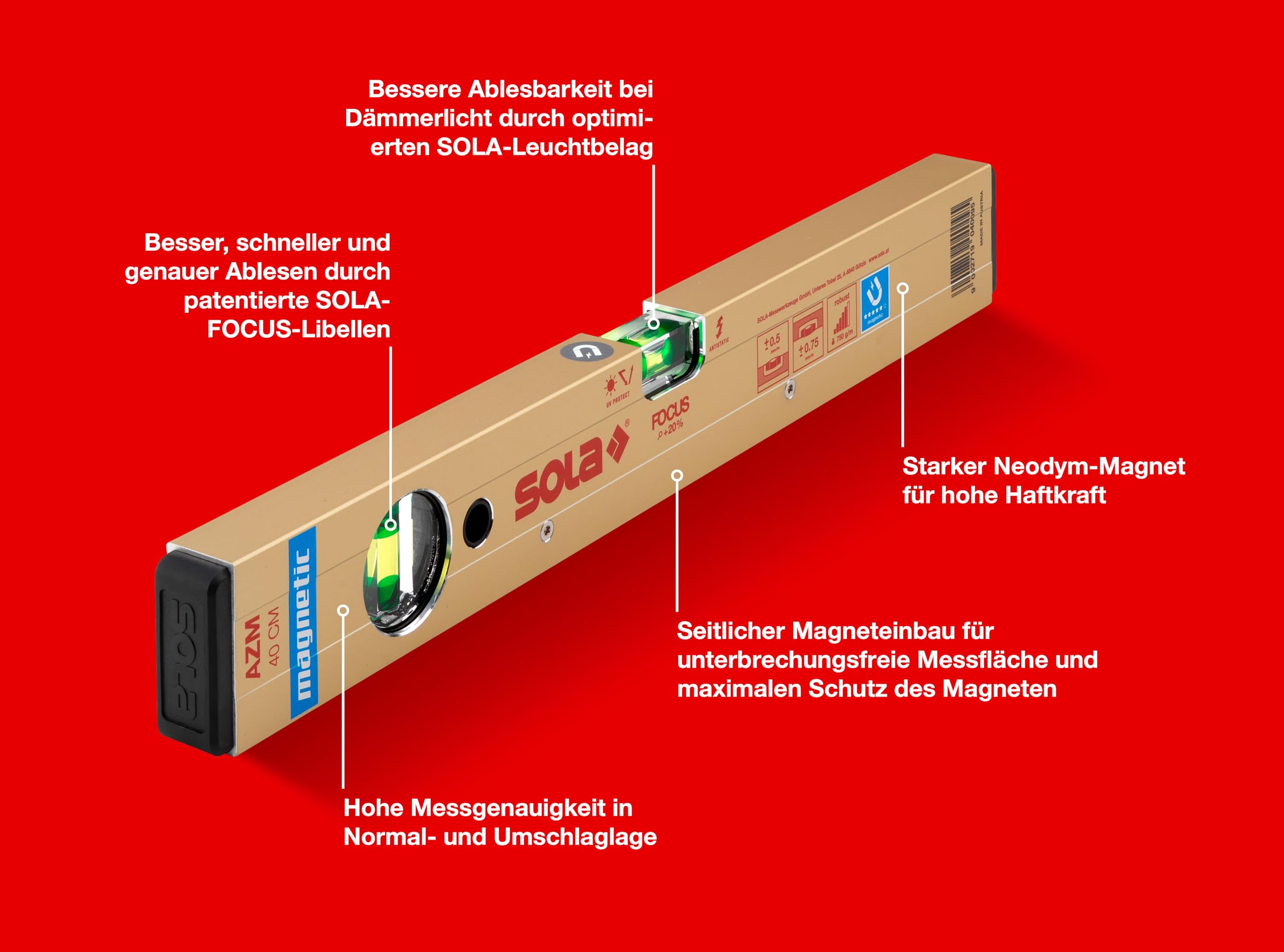 Sola 01820501 AZM 40 Niveau à bulle magnétique en aluminium avec aimants en néodyme