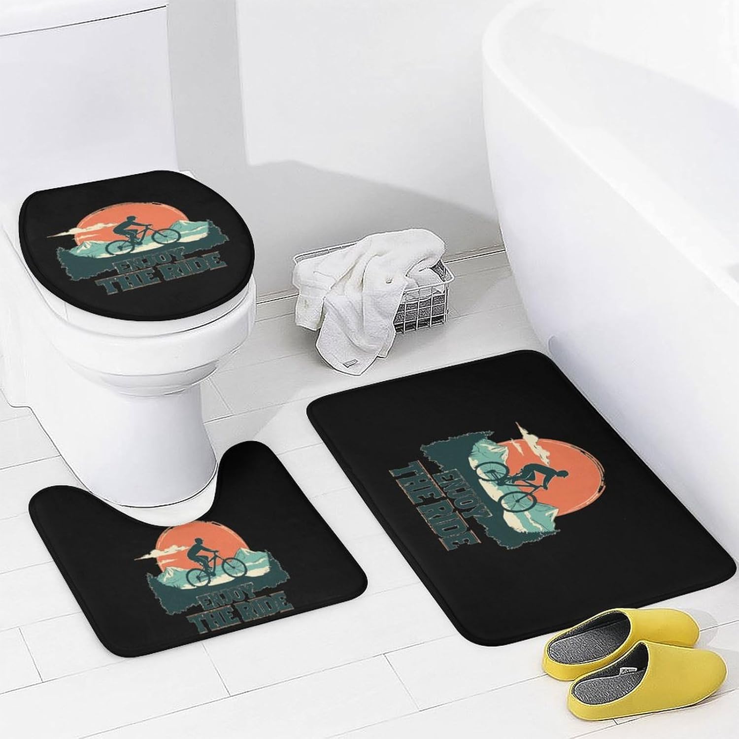 Enjoy The Ride Cycling Cyclist Bathroom Sets with Shower Curtain and Rugs 4 Piece with U-Shaped Floor Mat Toilet Lid Cover