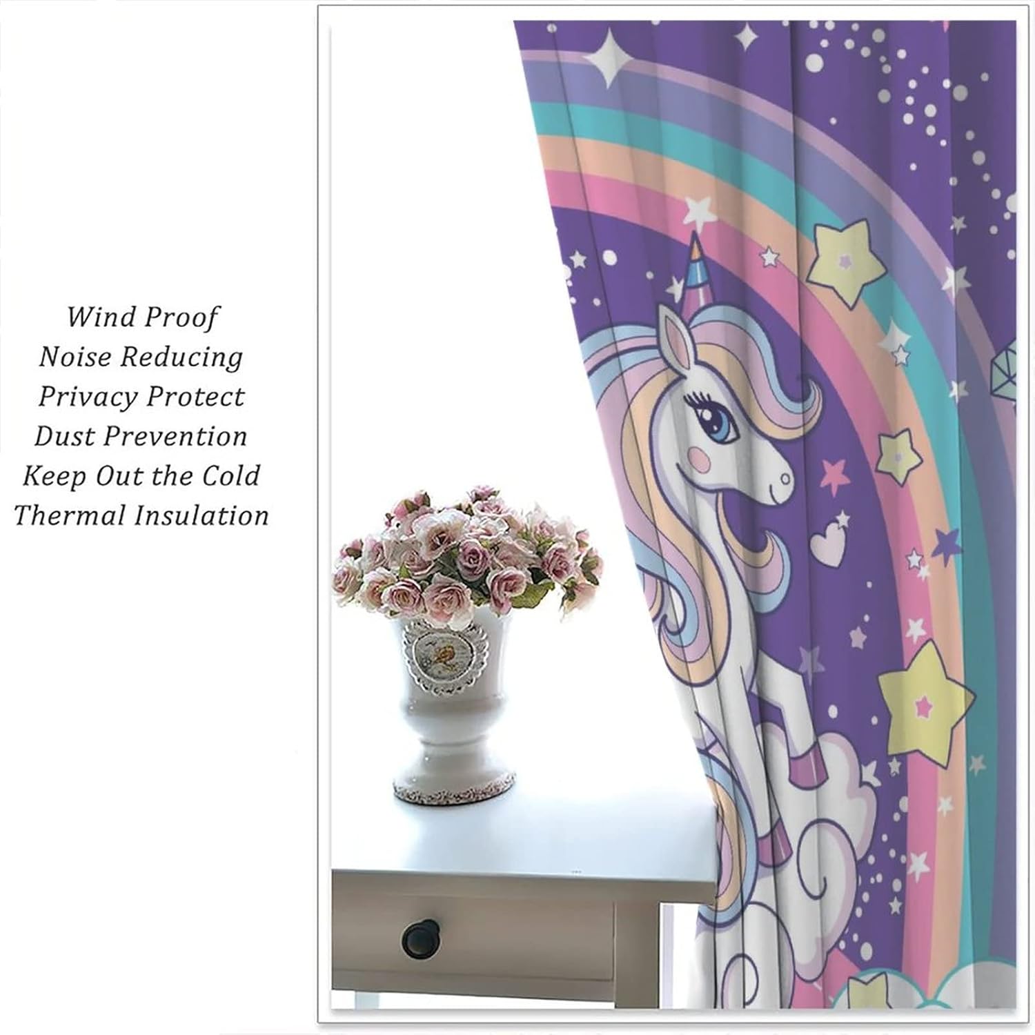 Cartoon Unicorn Rod Pocket Blackout Curtains for Living Room,Noise Reduction Cute White Clouds Moon Rainbow Girly Colorful Unicorn Window Treatment Drapes,2 Panels 45L x 21W