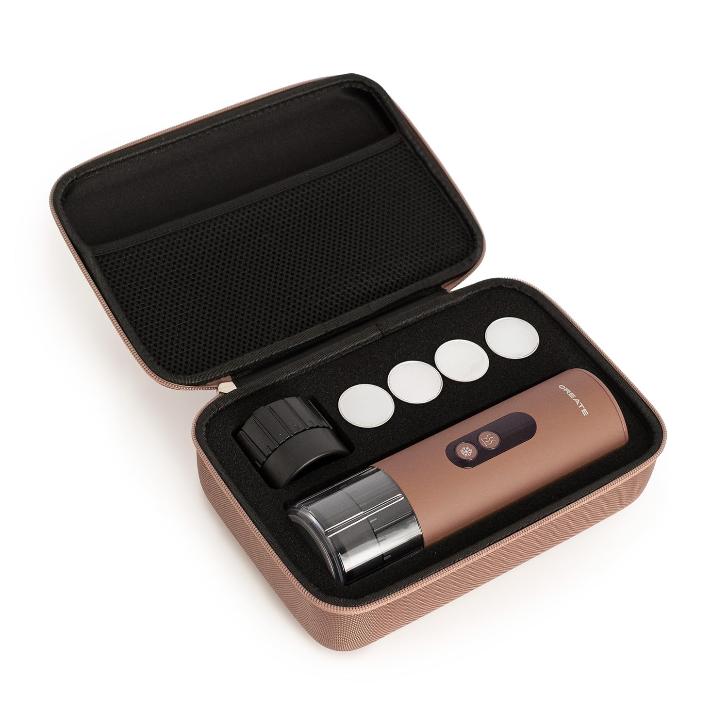 CREATE / THERA MOVE/Cafetera express portátil con funda de transporte para cápsulas y café molido moca/Preparación en frío y en caliente, 15 bar, capacidad de 80ml, 150W