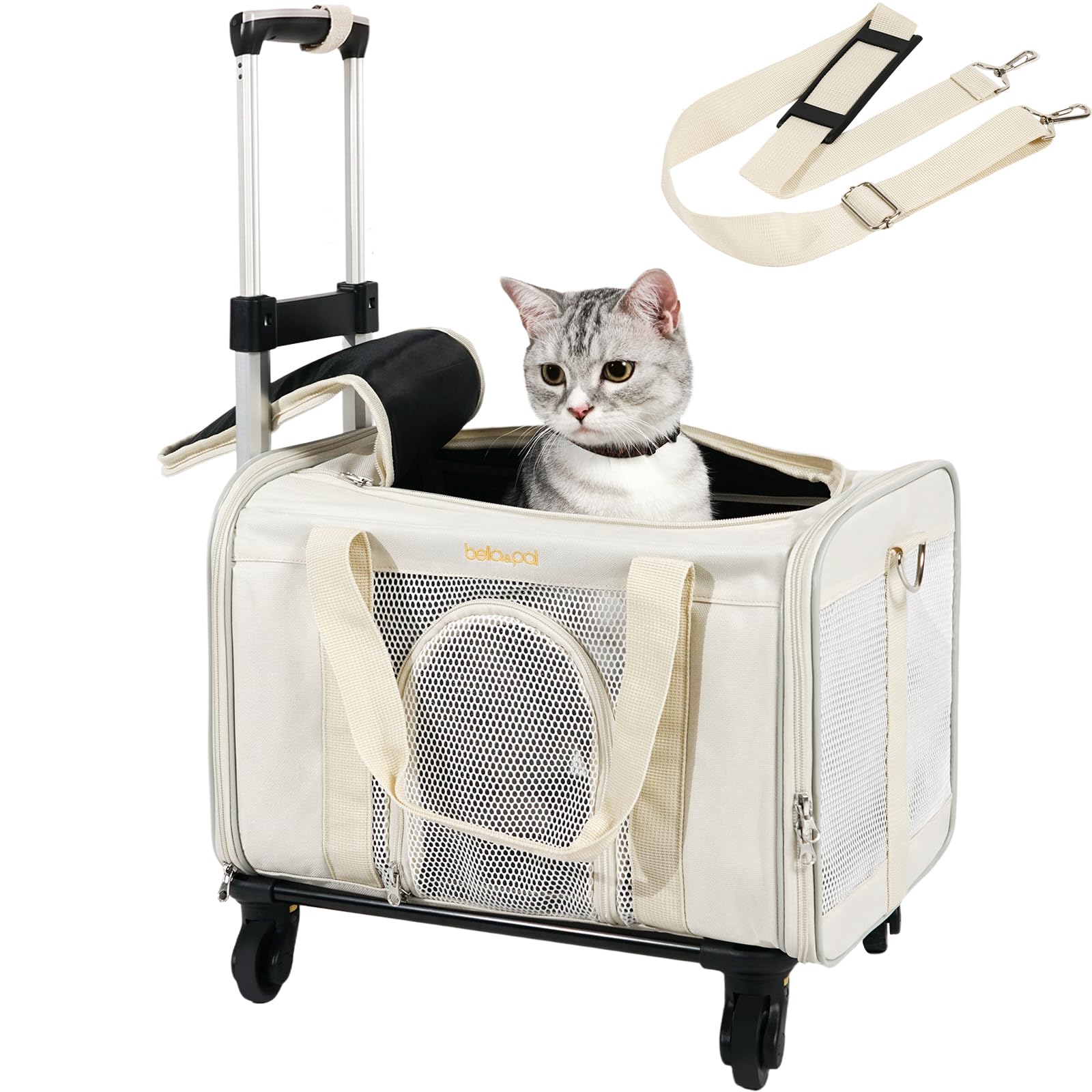 BELLA & PAL Cat Carrier with Wheels, Rolling Pet Travel Bag, 45x28x28 cm