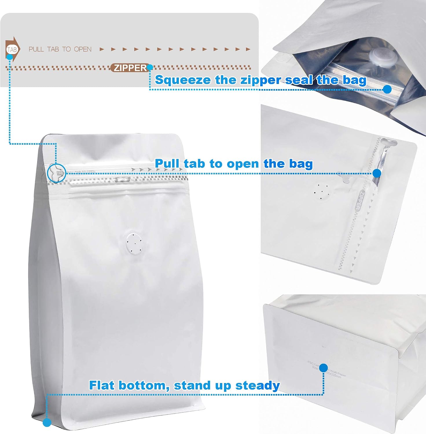 100 Pieces 16 Ounce White Kraft Paper Coffee Bags, Stand Up Coffee Pouches with One Way Degassing Valve and Reusable Side Zipper (Pull Tab to Open) Flat Bottom - Stand Up Well (16oz, 1lb, 454gram)