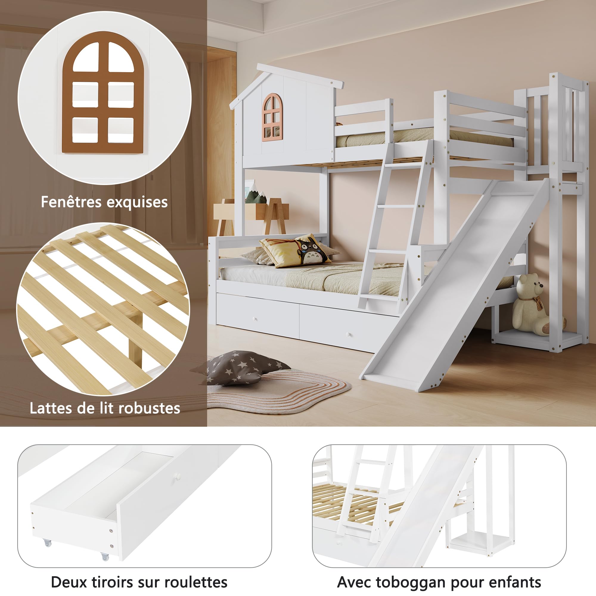 Lit Superposé 90x200 pour Utilisation Régulière Lit Tiroir pour Matelas Choisi Séparément Single Bed avec 2 Tiroirs avec Échelle Structure en Bois Massif avec Rangement Intégré Appartement