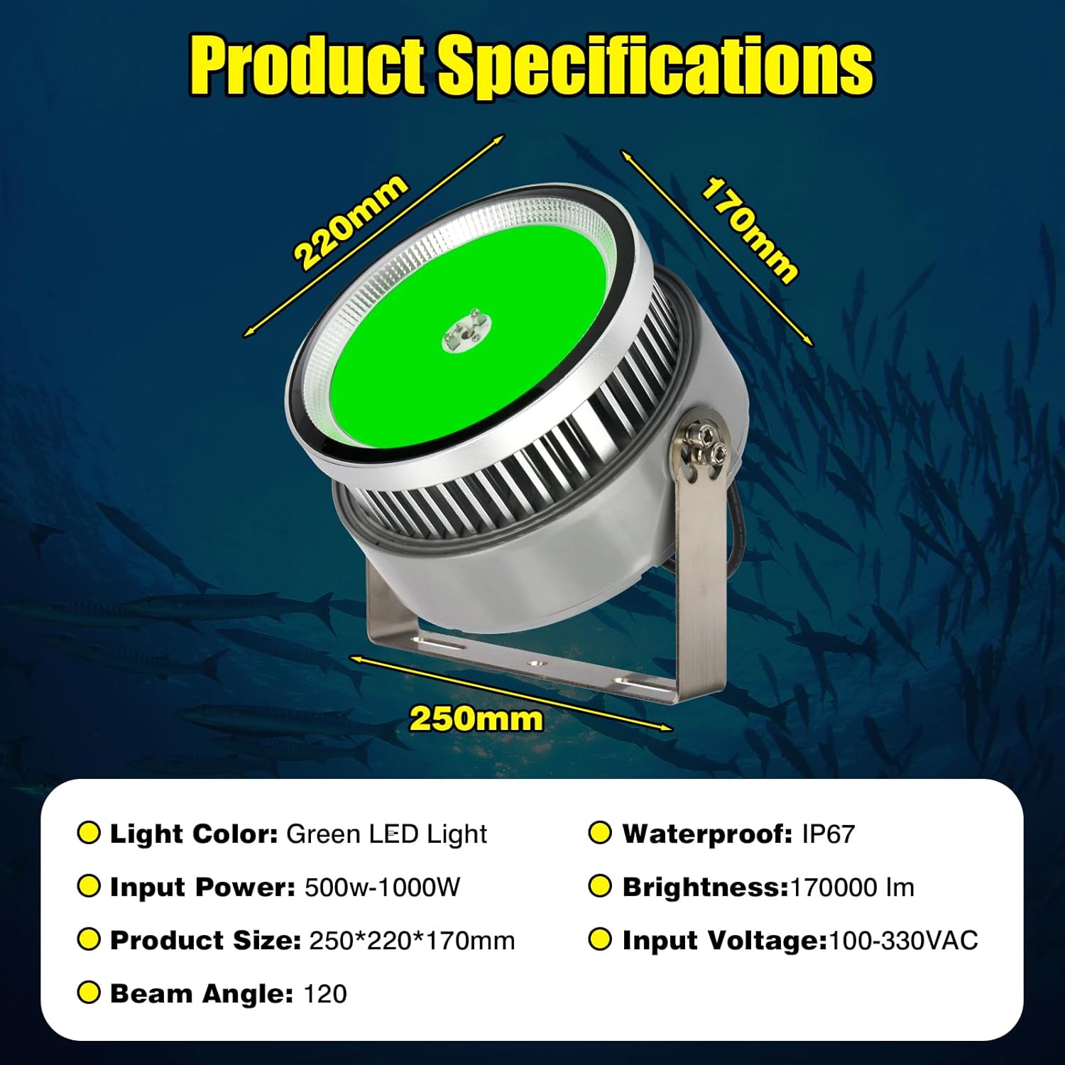 1000W LED Fish Collector Light,170000LM High Brightness Fish Attracting Lights IP67 Waterproof Green LED Fishing Lights, for Net Fishing, Sea Fishing Night Fishing
