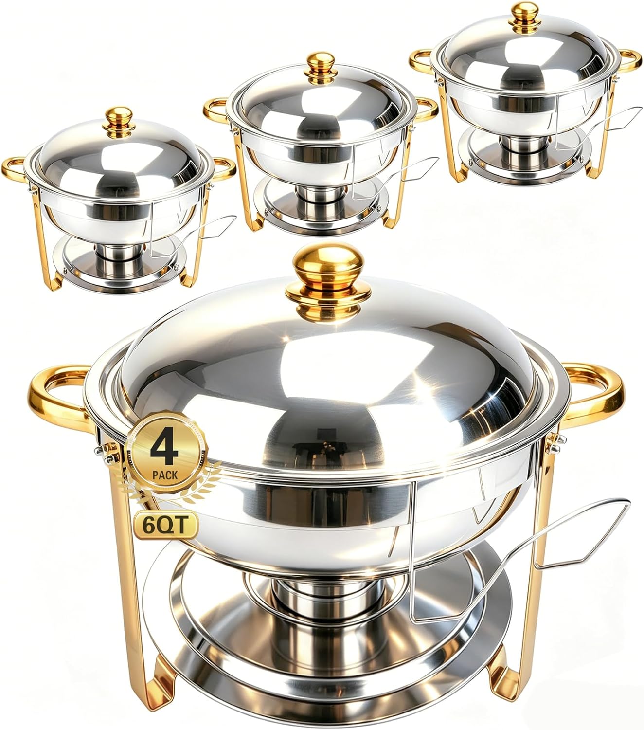 Chafing Dishes for Buffet 4 Pack, 6QT Round Chafing Dish Buffet Set Stainless Steel Buffet Food Warmers Set for Catering Events Party Dinner with Complete Set, Gold and Silver Chafing Dishes for Party