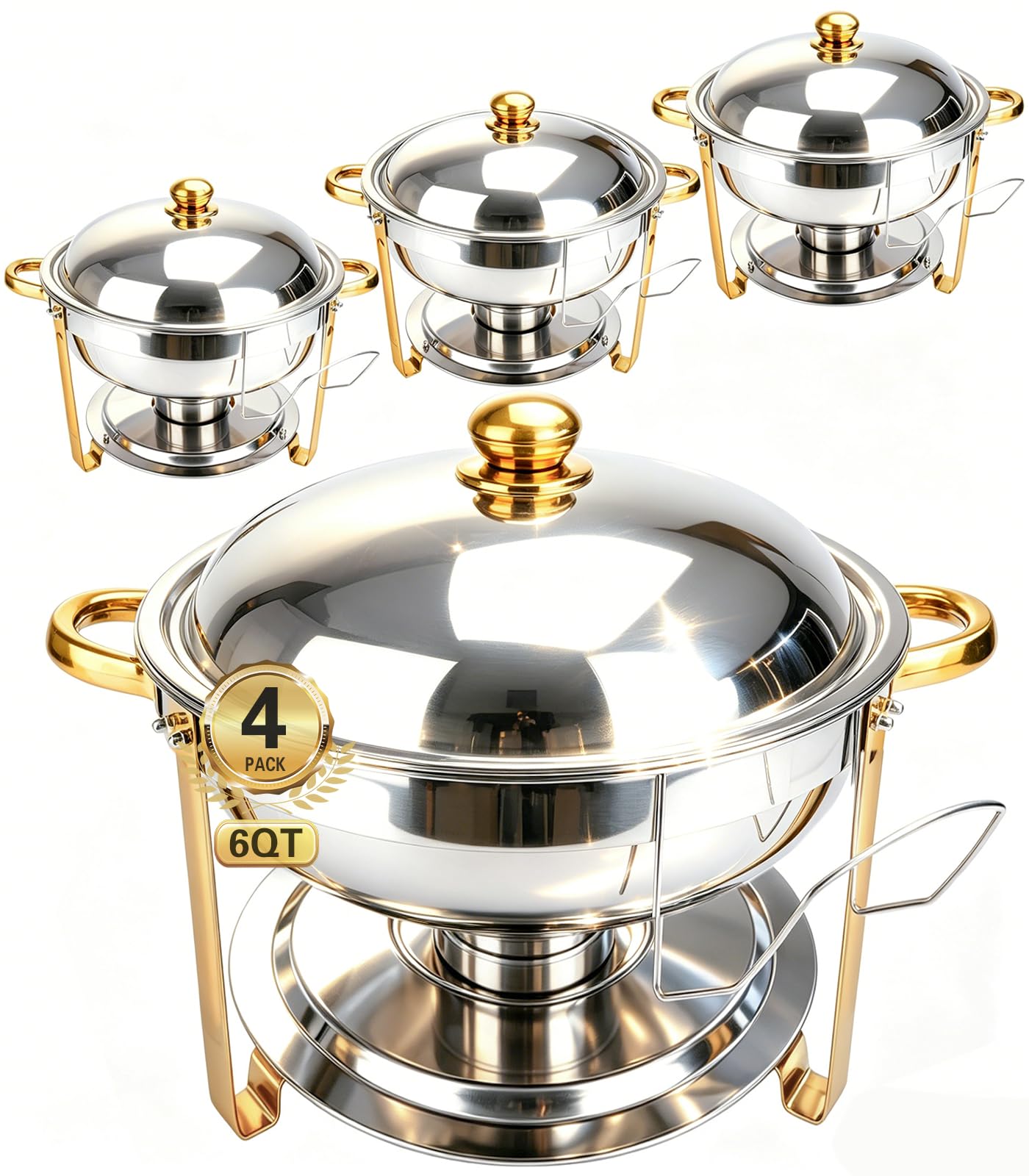 Beviliu Chafing Dish Buffet Set, 4 Pack 6.8 Litre Round Chafing Dishes & Food Warmers, Gold Chafing Dishe for Buffet, Stainless Steel Chafer for Catering Lid & Lid Holder, Food Warmers for Any Partie — image 1