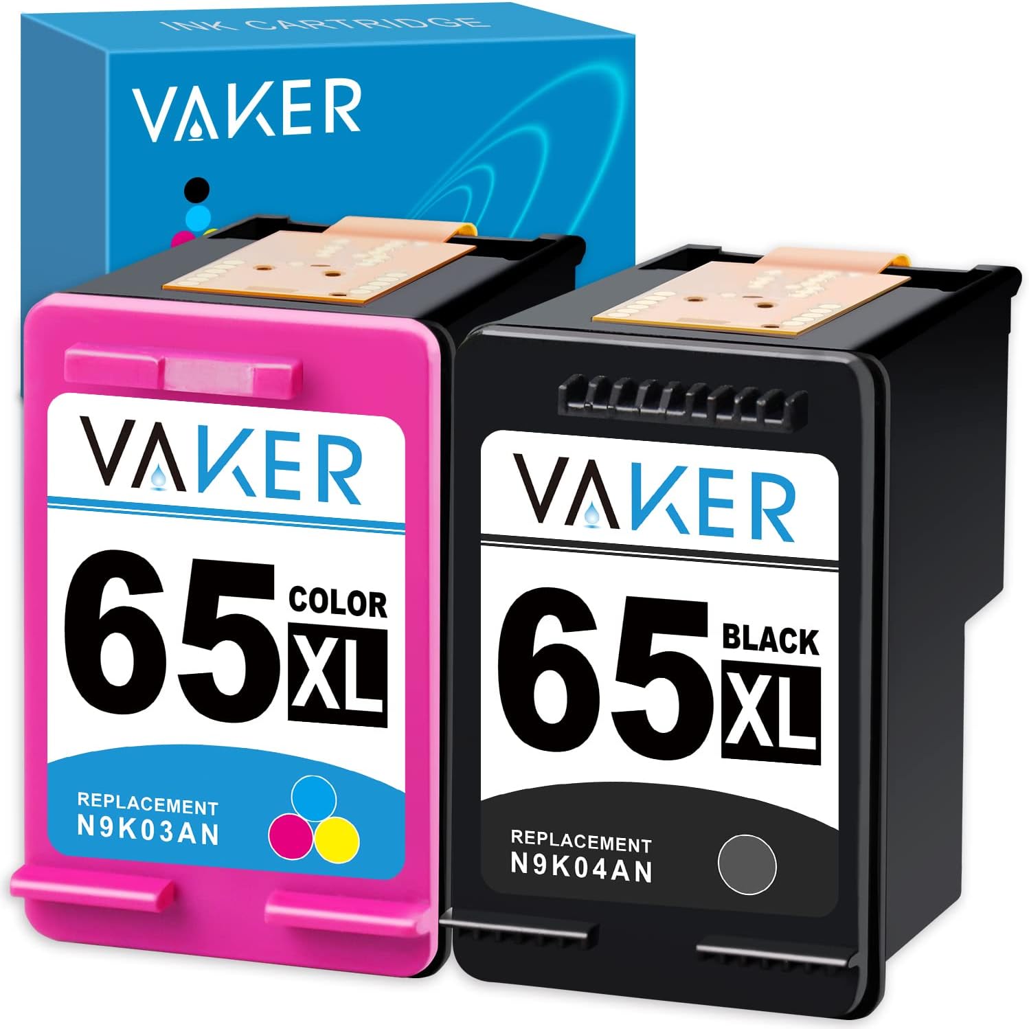 VAKER Remanufactured Ink Cartridge Replacement for HP 65XL 65 XL for Envy 5055 5052 5058 HP DeskJet 2655 2622 2624 2652 3755 3752 3720 3721 3722 3723 3730 Printer (1 Black 1 Tri-Color)
