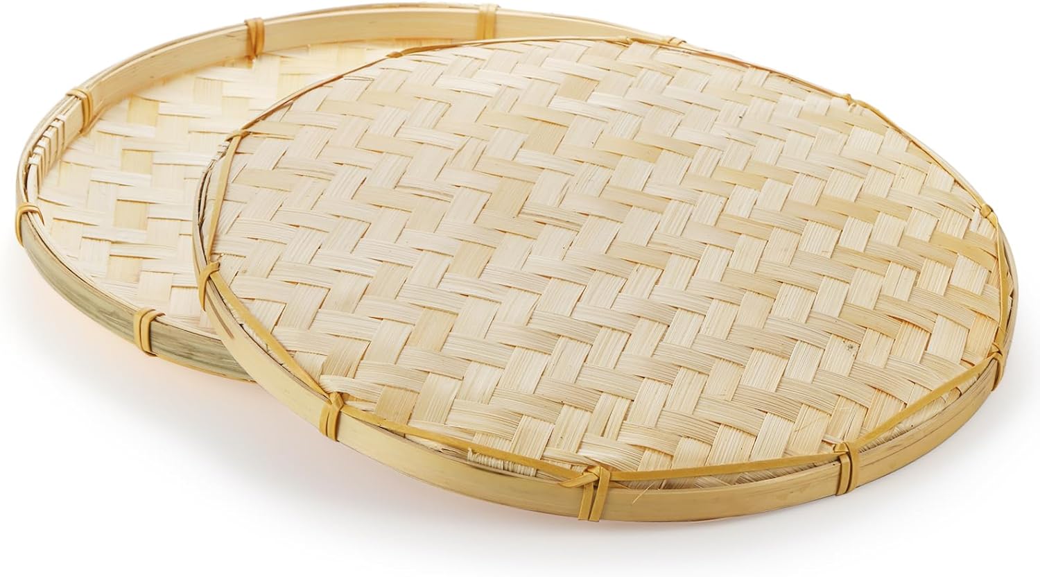 Goaste 5 Pack Round Bamboo Serving Trays, Decorative Flat Wicker Baskets, Handwoven Shallow Wicker Organizers for Food Storage, Fruit, Snacks, Kids DIY Drawing, Wall Hanging Decoration - Image 4