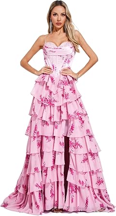Blue and White Chiffon Floral Print Tiered Prom Dresses Slit Evening Dress Celebrity Pageant Gowns