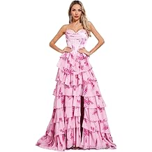 Blue and White Chiffon Floral Print Tiered Prom Dresses Slit Evening Dress Celebrity Pageant Gowns