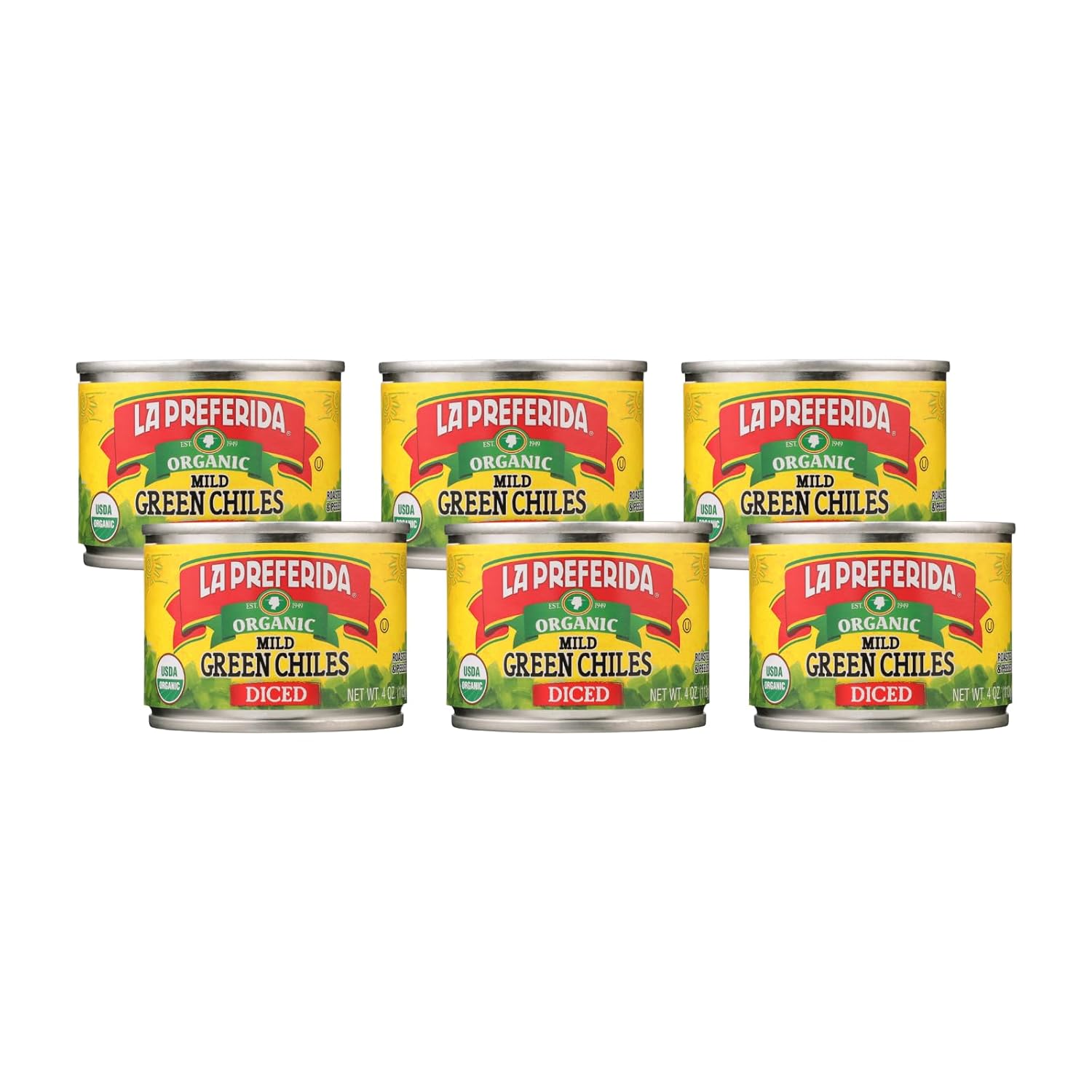  Organic Diced Green Chile Peppers Fire-Roasted & Peeled Perfect for Tacos, Casseroles & Nachos, 4oz. (Pack of 6)