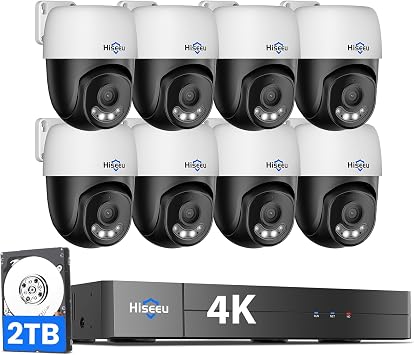 Hiseeu 4K PoE Security Camera System 8pcs PoE PTZ Cameras,360 View