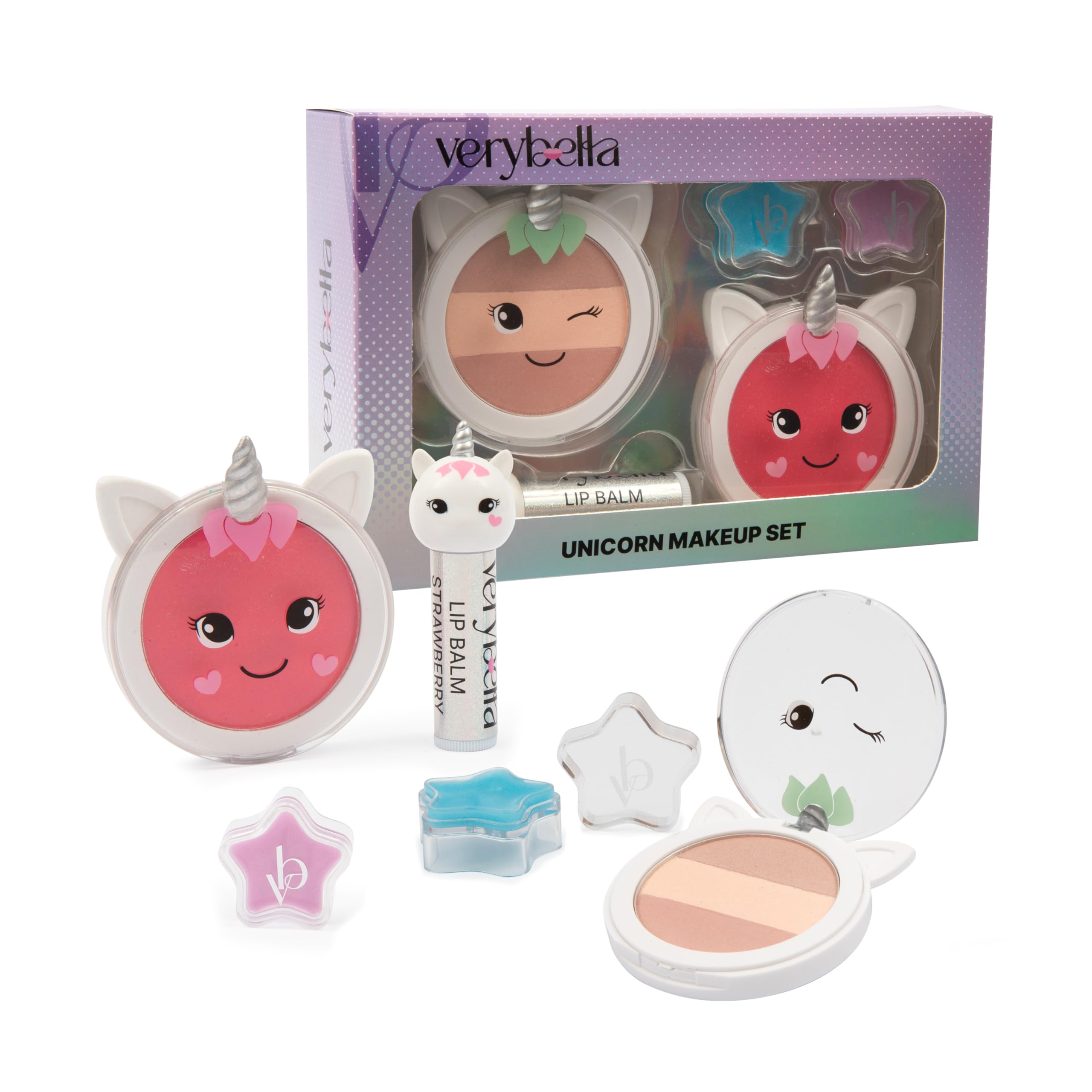 Very Bella - Unicorn Theme Makeup Set - 1 Blush - 1 Eye Shadow Warm Tones - 1 StrawberryLip - 2 GlitteredBalm - Nourishes and Protects