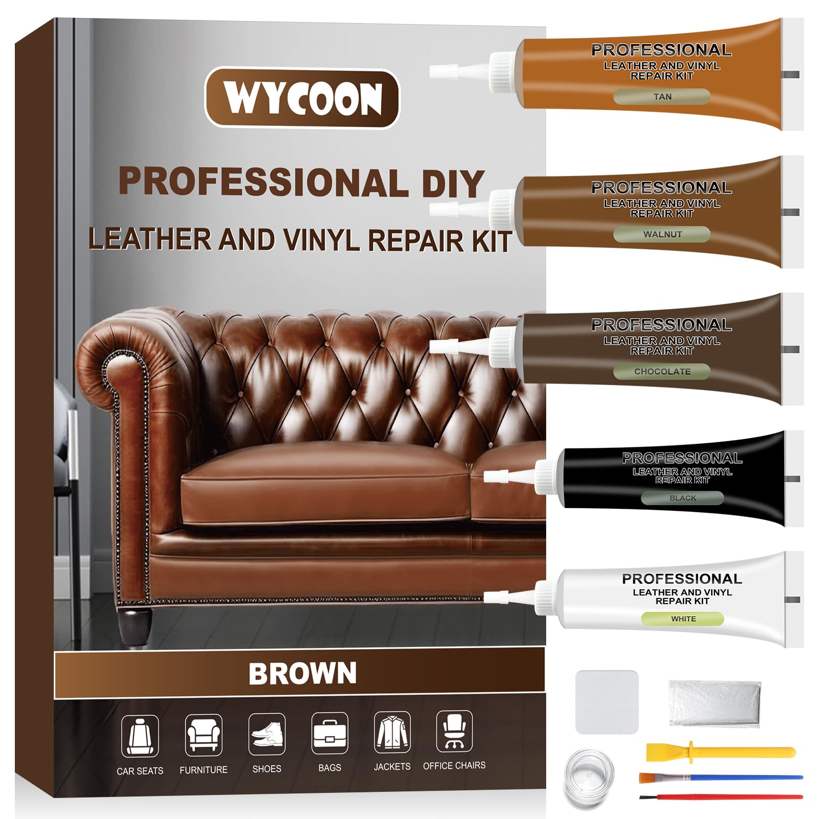 Brown Leather & Vinyl Repair Kit for Furniture, Car Seats, Couch, Purse - Fix Scratches, Tears, Fading on Genuine, Faux, Artificial Leather - Super Easy Instructions with Color Mixing Guide