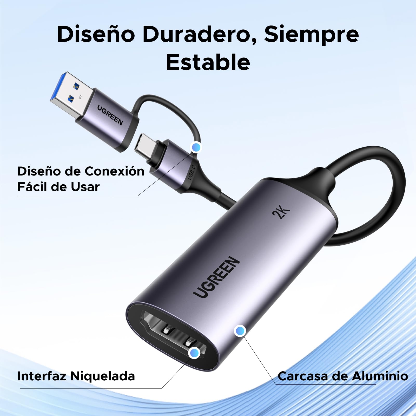 UGREEN Tarjeta de Captura de Video HDMI 4K 30Hz a USB A USB C 3.0 2K 30Hz 1080P para Streaming Grabación de Juegos y Transmisión en Vivo Compatible con Quest 3 Switch 2 PS5 PS4