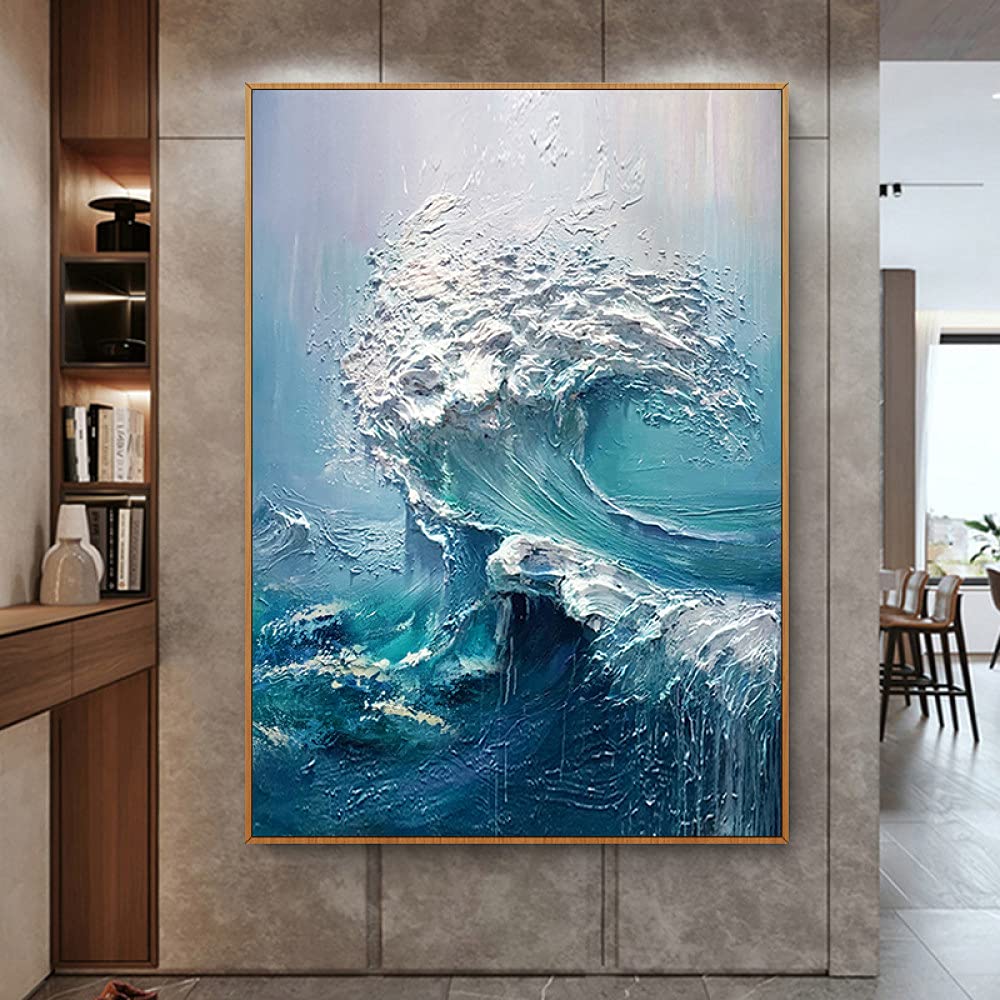 Amazon｜手描きの油絵キャンバス ティール 海の波の風景 3D