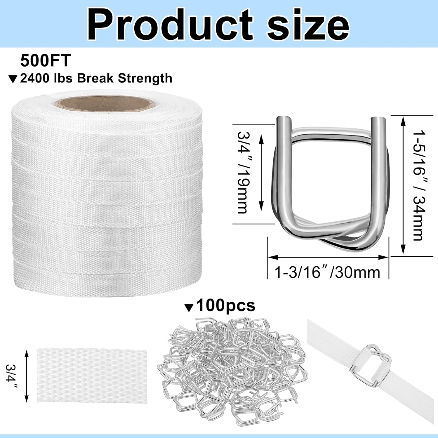 3/4" x 500' Woven Cord Strapping Kit, Woven Cord Banding Packaging Strapping Roll and 100 Pack Metal Wire Buckles, 2400 Lbs Break Strength