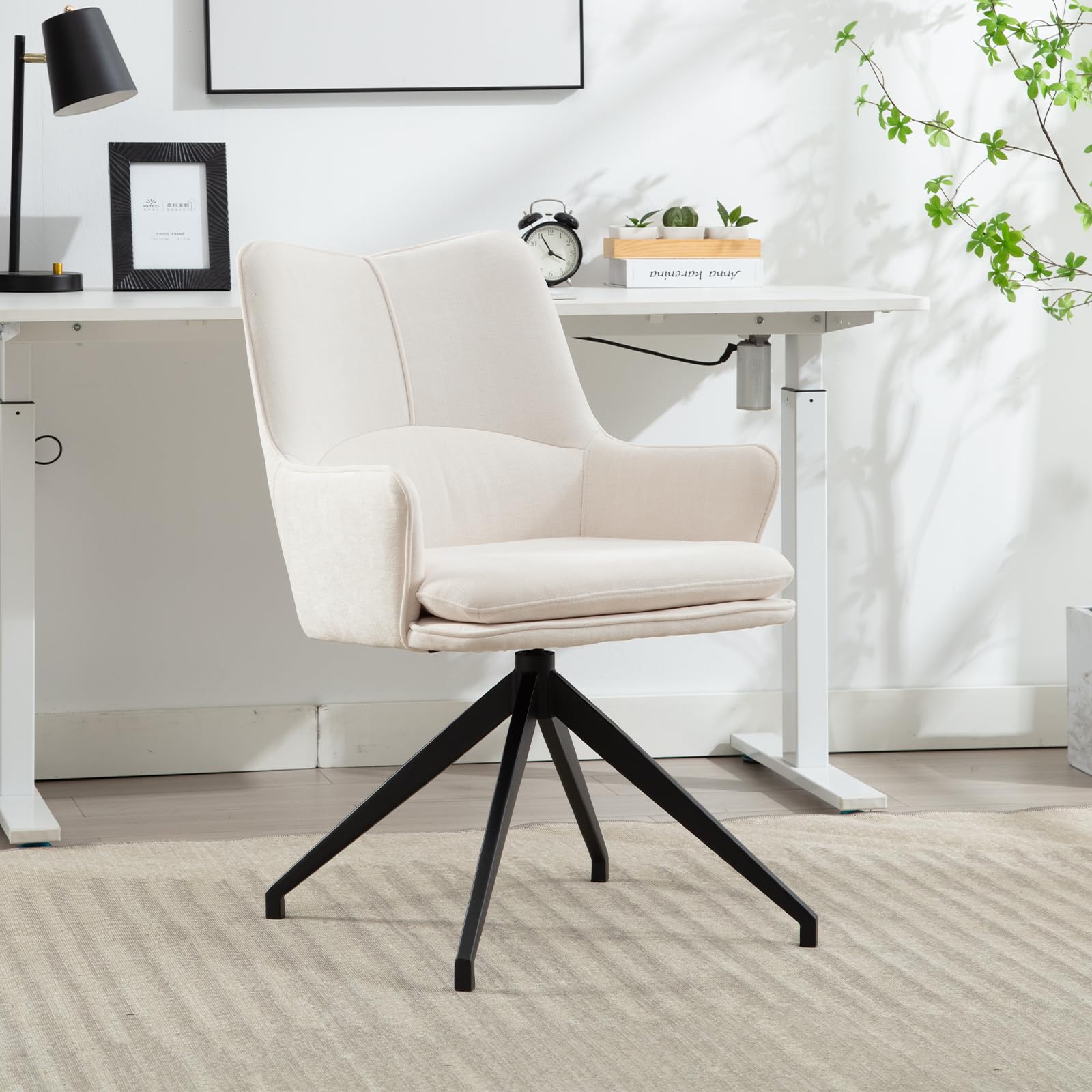 Silla de oficina giratoria de 360°, silla de escritorio sin ruedas con respaldo ergonómico y patas de metal, silla de tocador para el hogar, oficina, sala de estar, color beige