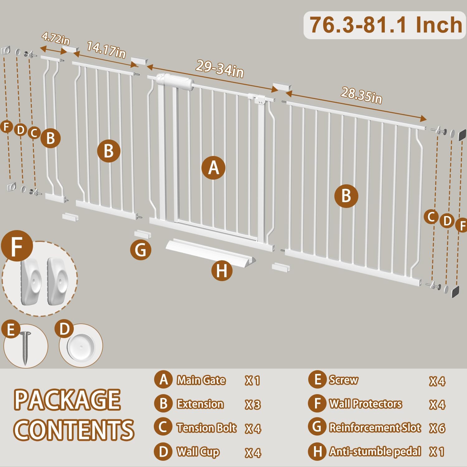 baby gate for doorways stairs hallway 76.3-81.1 inch wide, walk through child gates with pressure mounted extention kit, indoor safety child gates for kids or pets 76.3-81.1 inch (pack of 1)