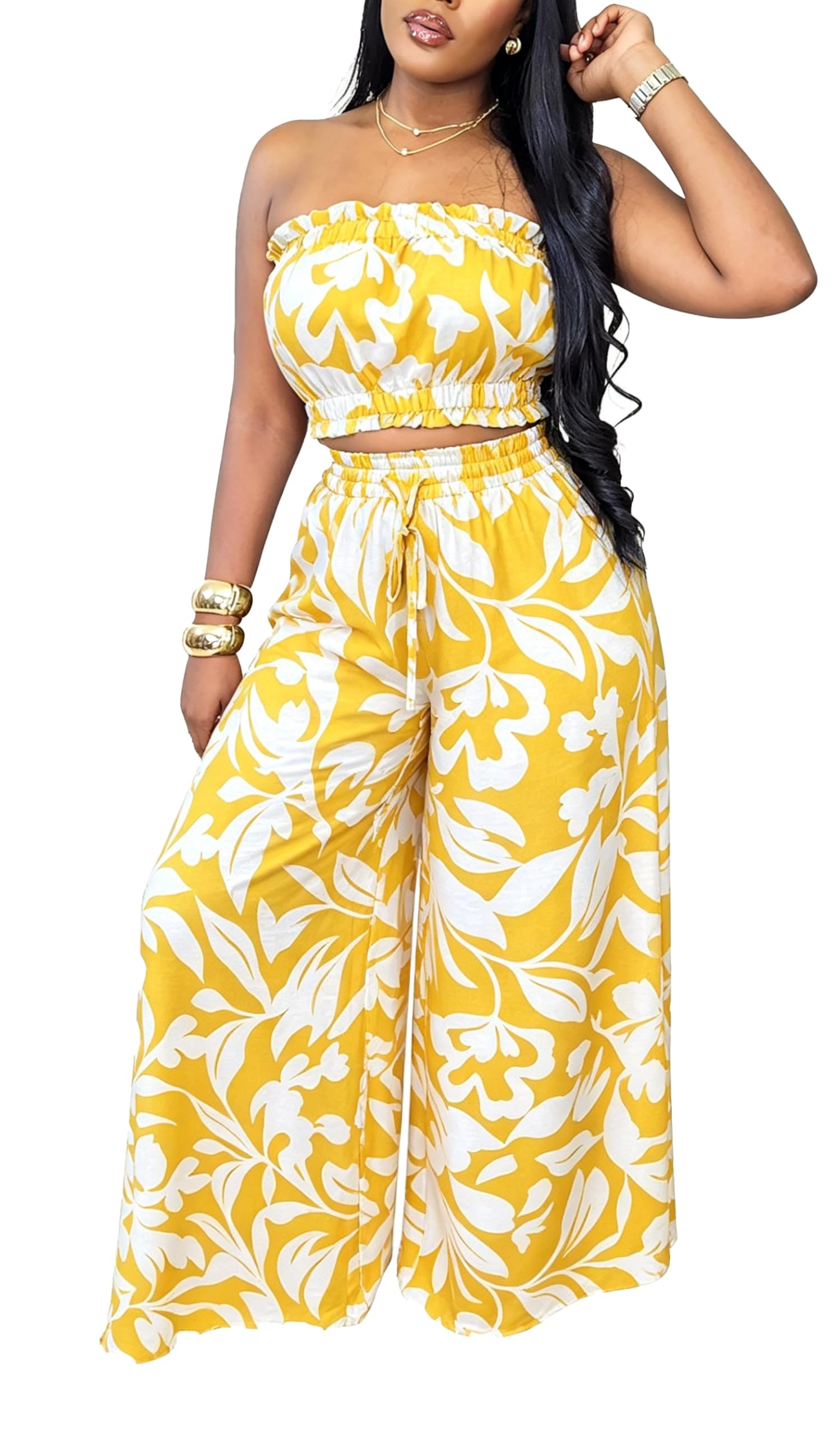 Two Piece Sets for Women Summer Outfits Crop Tops and Wide Leg Pants Sets Sexy Jumpsuits Vacation Outfits with Pockets