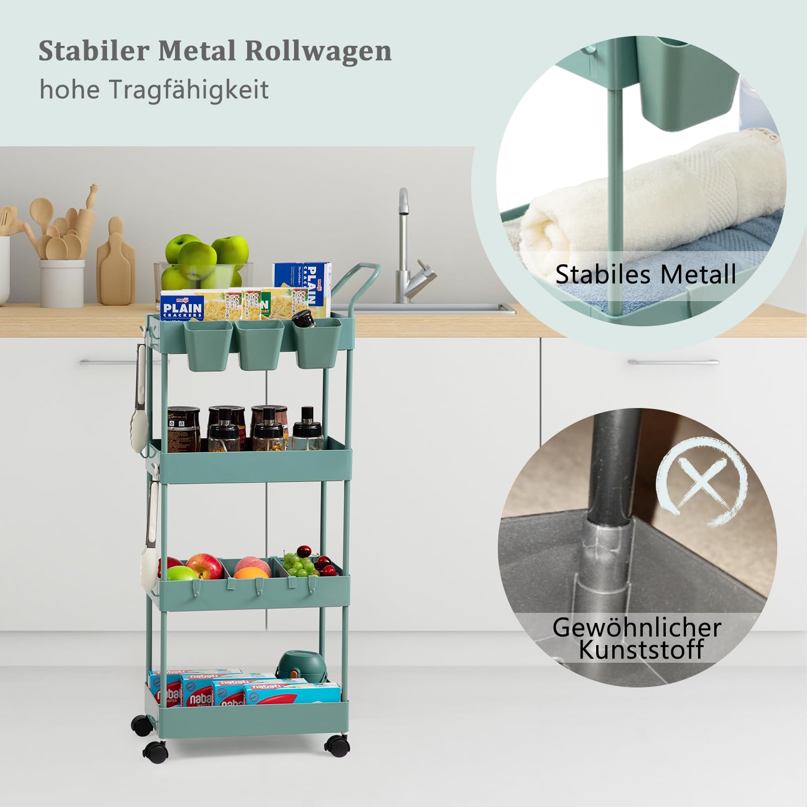 danpinera Carrello stretto per bambini, carrello da portata con 4 piani, carrello da cucina con pareti divisorie e ganci e bicchieri da appendere, carrello per nicchia per cameretta dei bambini