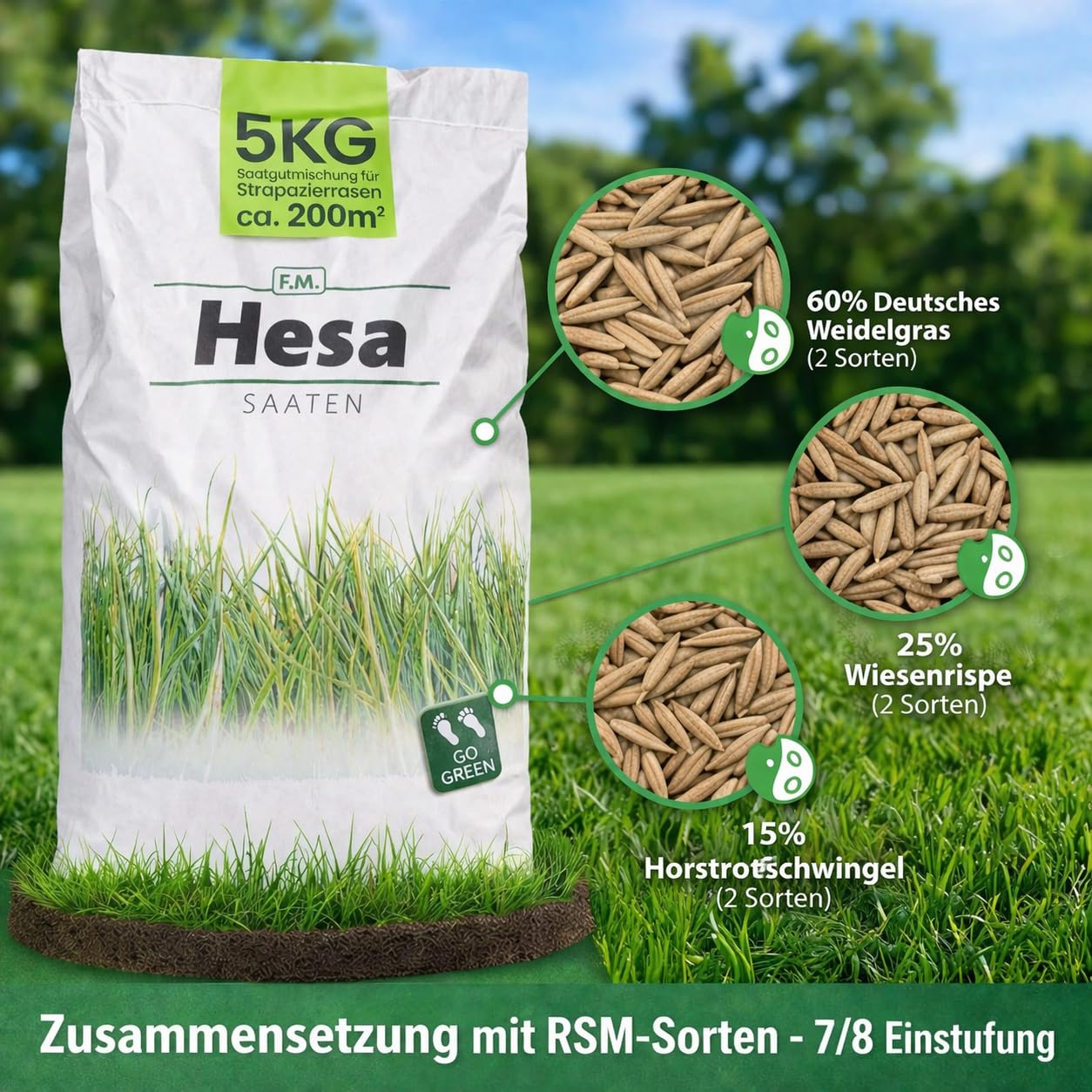 Hesa Sportrasen Strapazierrasen Rasensamen, 5 kg für ca. 200 m², schnellkeimende Rasensaat in RSM-Qualität für Neuansaat & Nachsaat, robuste dichte Grasnarbe für Spiel, Garten & Sport, Made in Austria