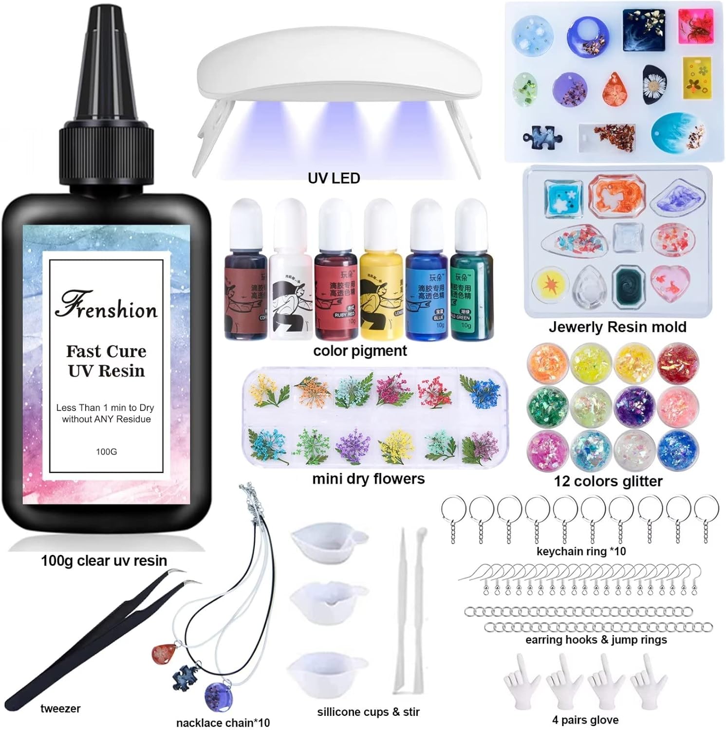 UV Resin Jewelry Making Kit - 116pcs with 100g Fast Cure Clear Hard Low Odor Resin, Color Pigment, Accessories, Starter Kit for Earrings, Necklace, Bracelet
